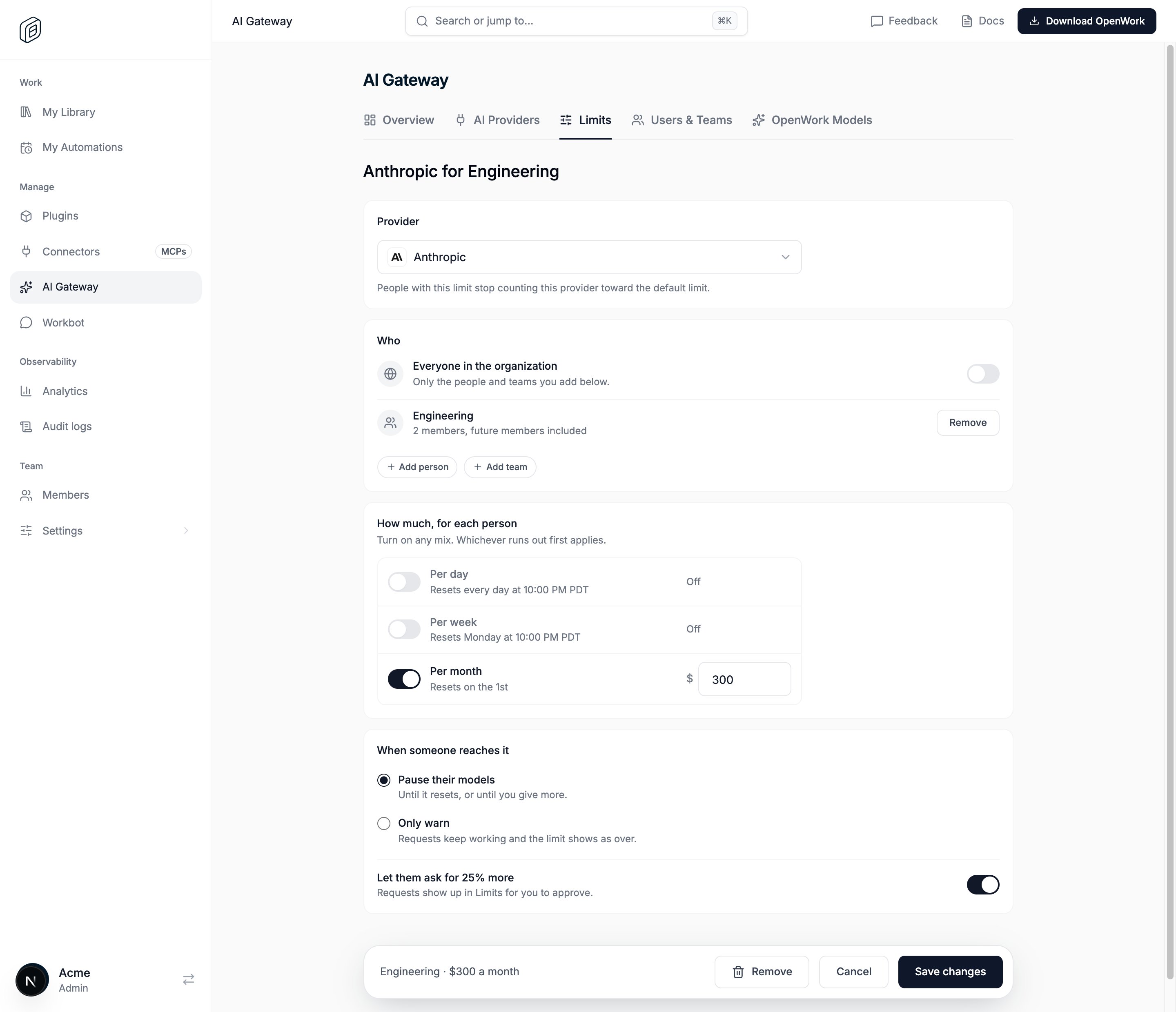 The limit editor with Provider set to Anthropic and a $300 monthly amount for the Engineering team