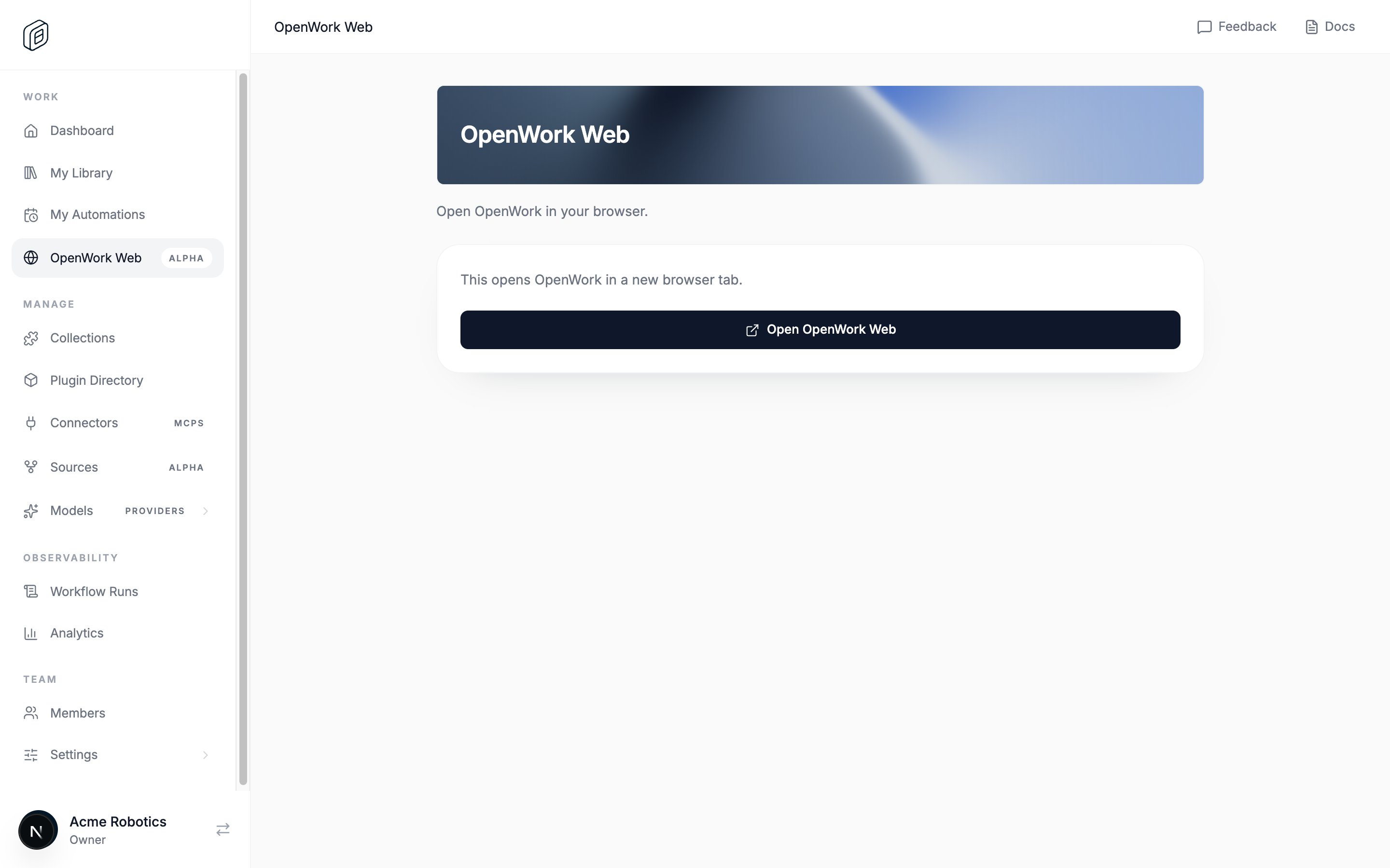The OpenWork Web page in the organization dashboard with the Open OpenWork Web button