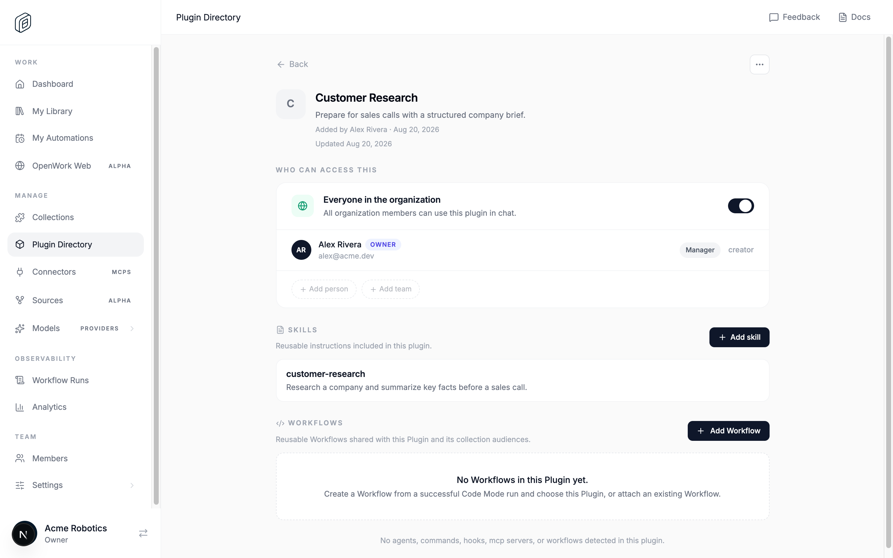 Cloud dashboard plugin page with its skills and the Add skill button