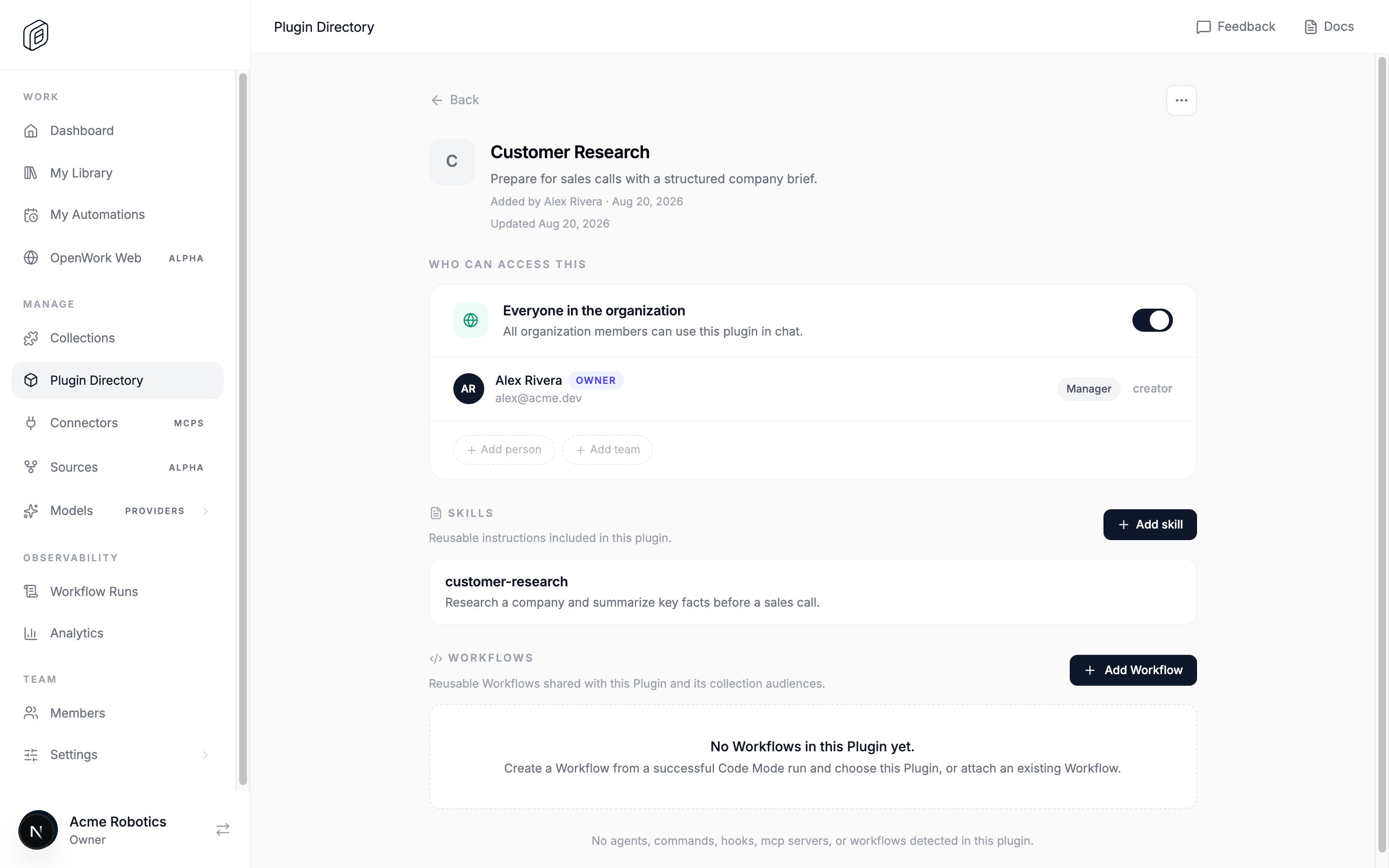 Cloud dashboard plugin page with its skills and the Add skill button