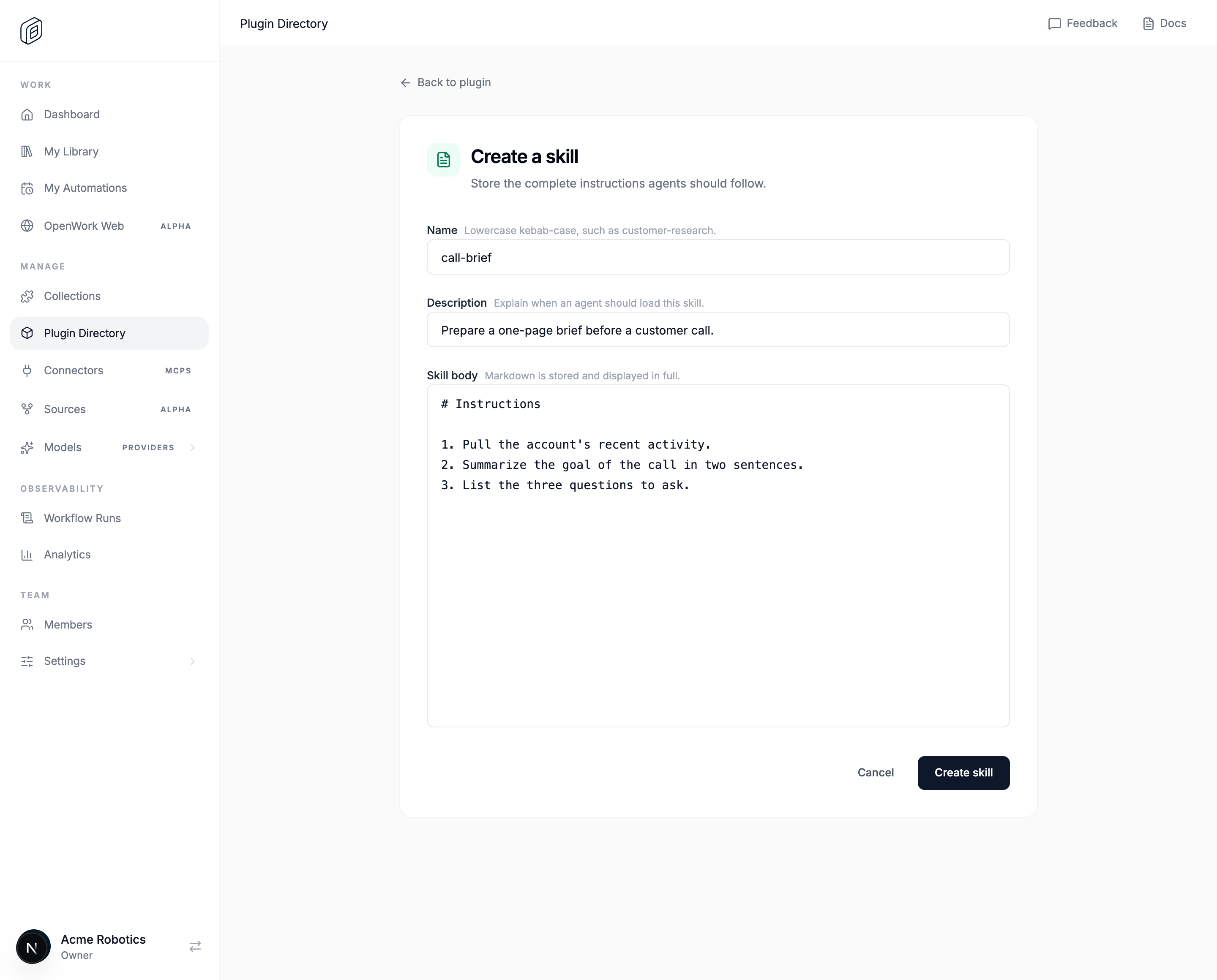 Cloud dashboard skill editor reached from a plugin's Add skill button