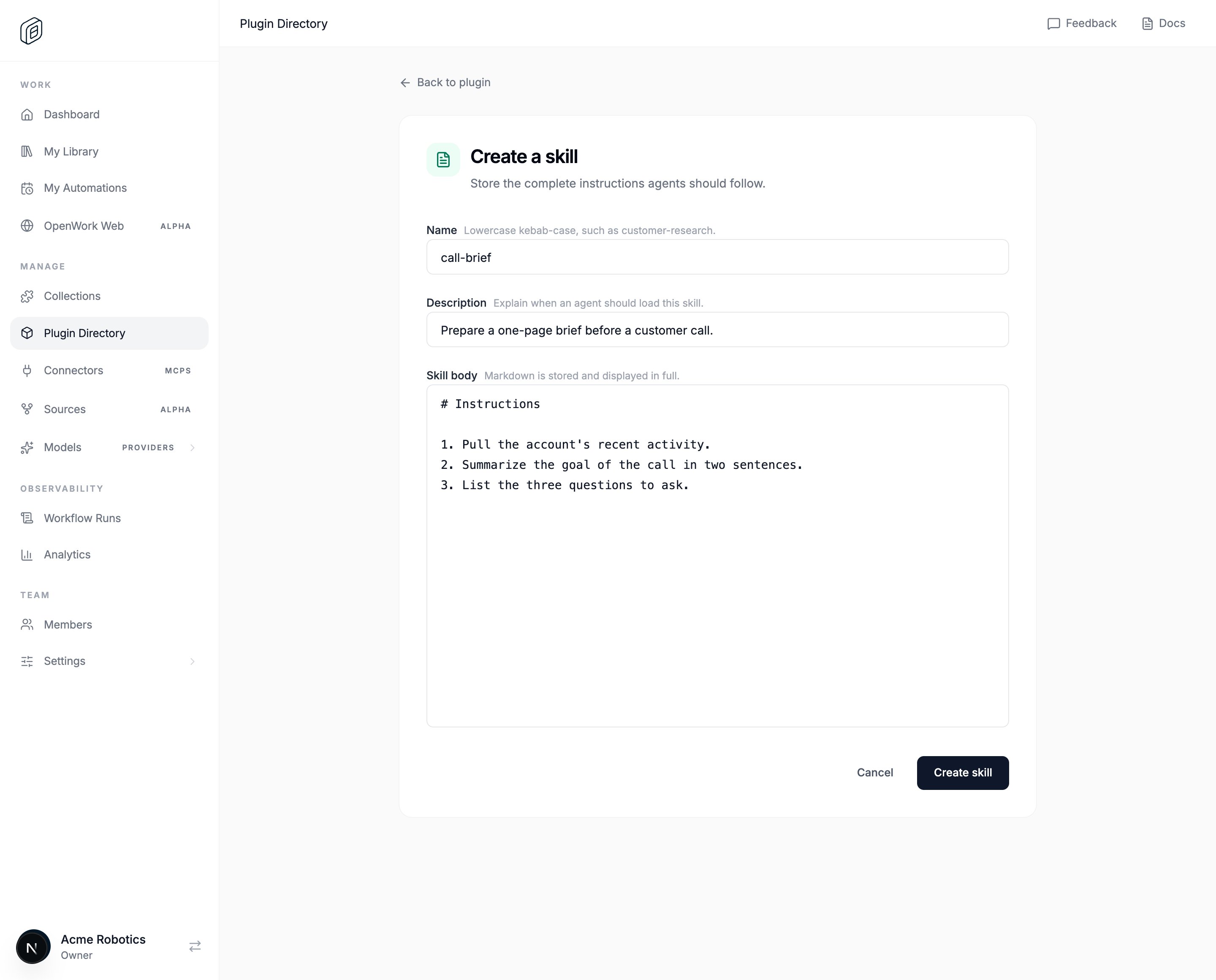 Cloud dashboard skill editor reached from a plugin's Add skill button