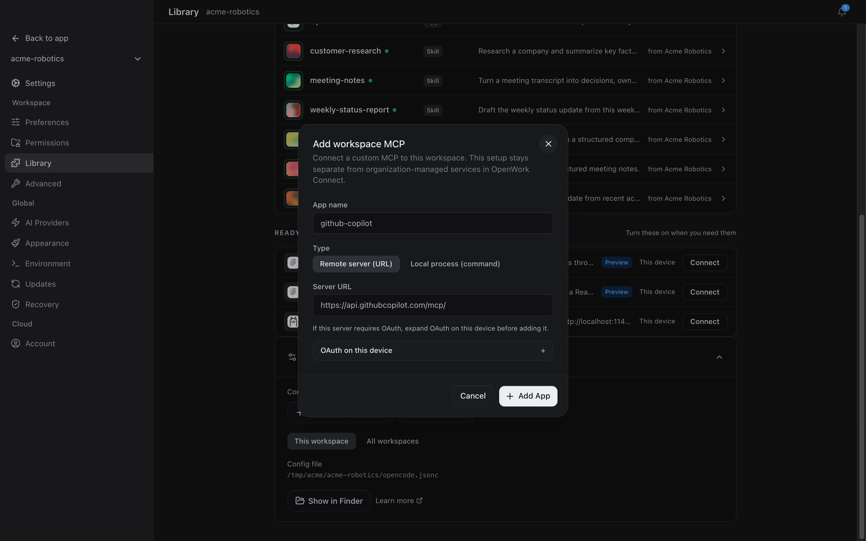 Add workspace MCP dialog with app name, server URL, and OAuth options