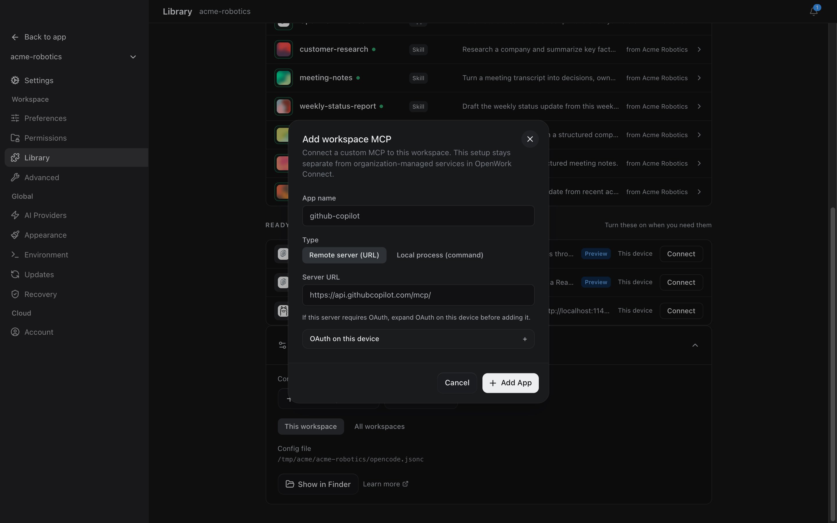 Add workspace MCP dialog with app name, server URL, and OAuth options