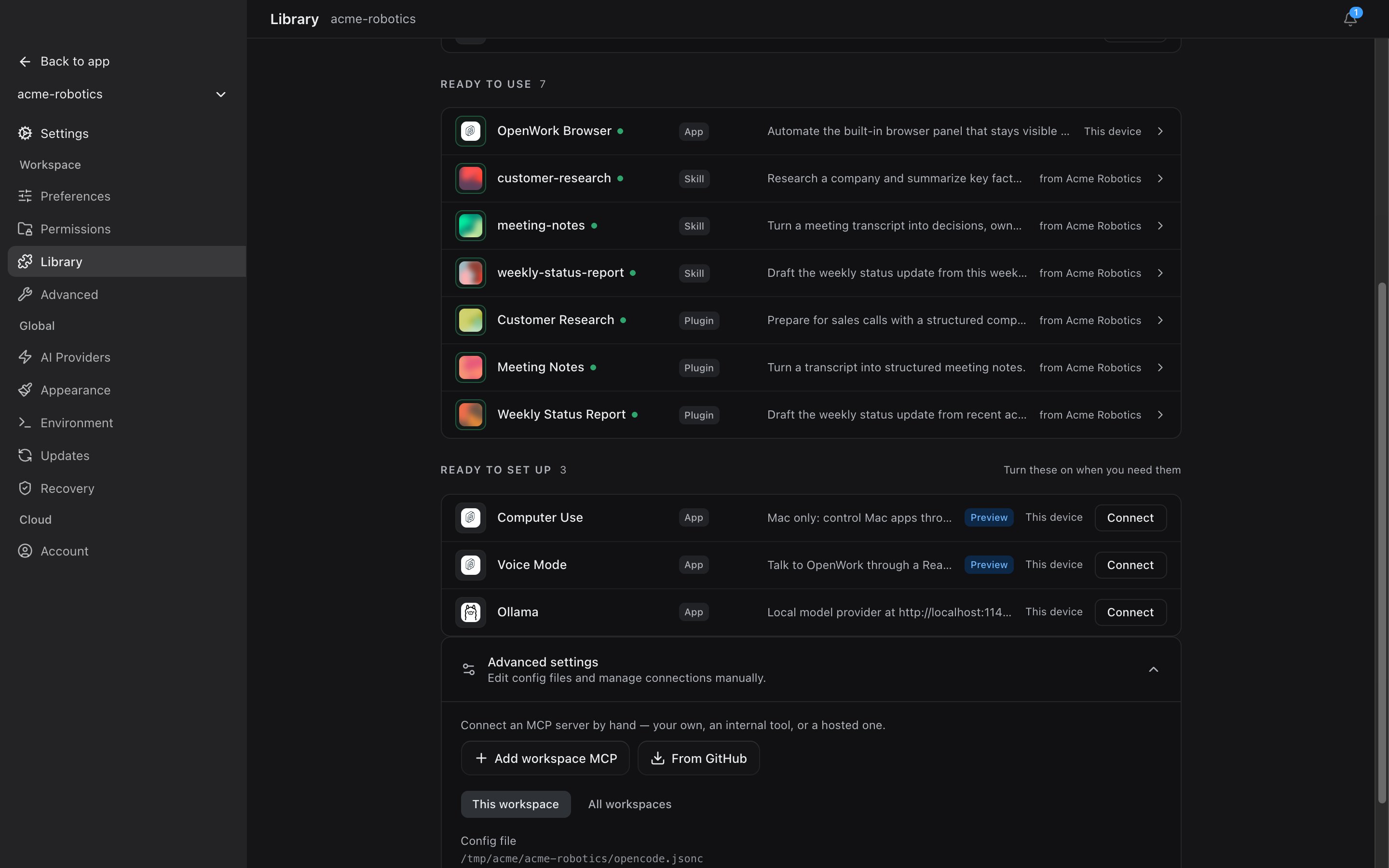 Library page with Advanced settings expanded, showing the Add workspace MCP button
