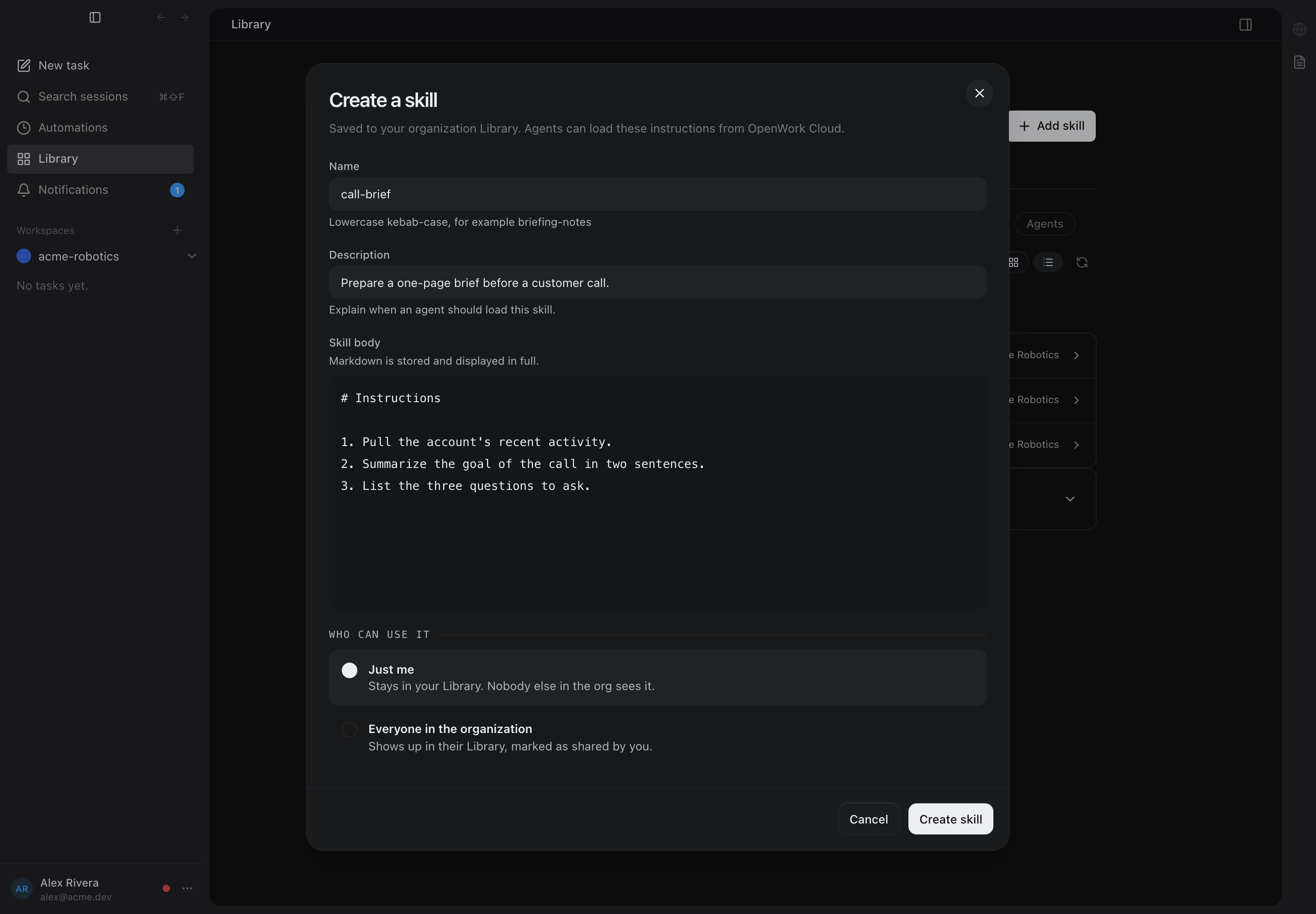 Create a skill modal with name, description, skill body, and who can use it