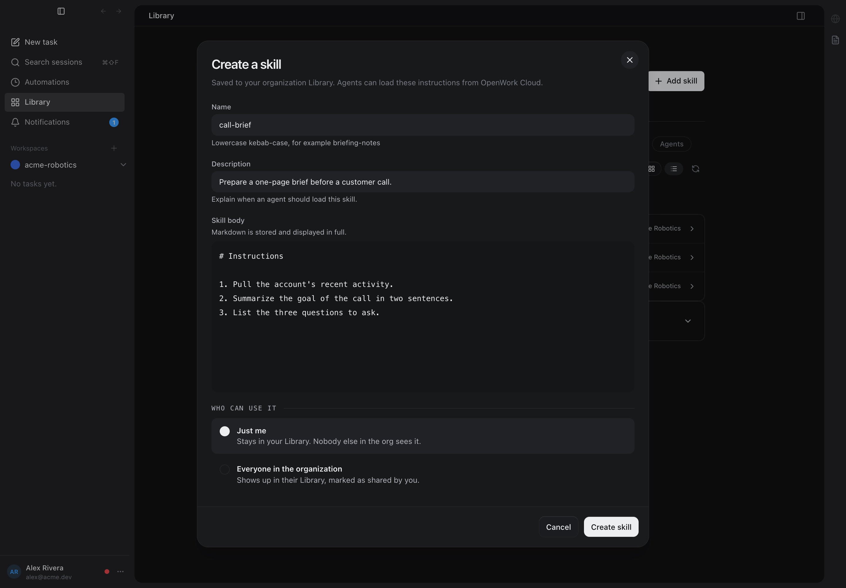 Create a skill modal with name, description, skill body, and who can use it