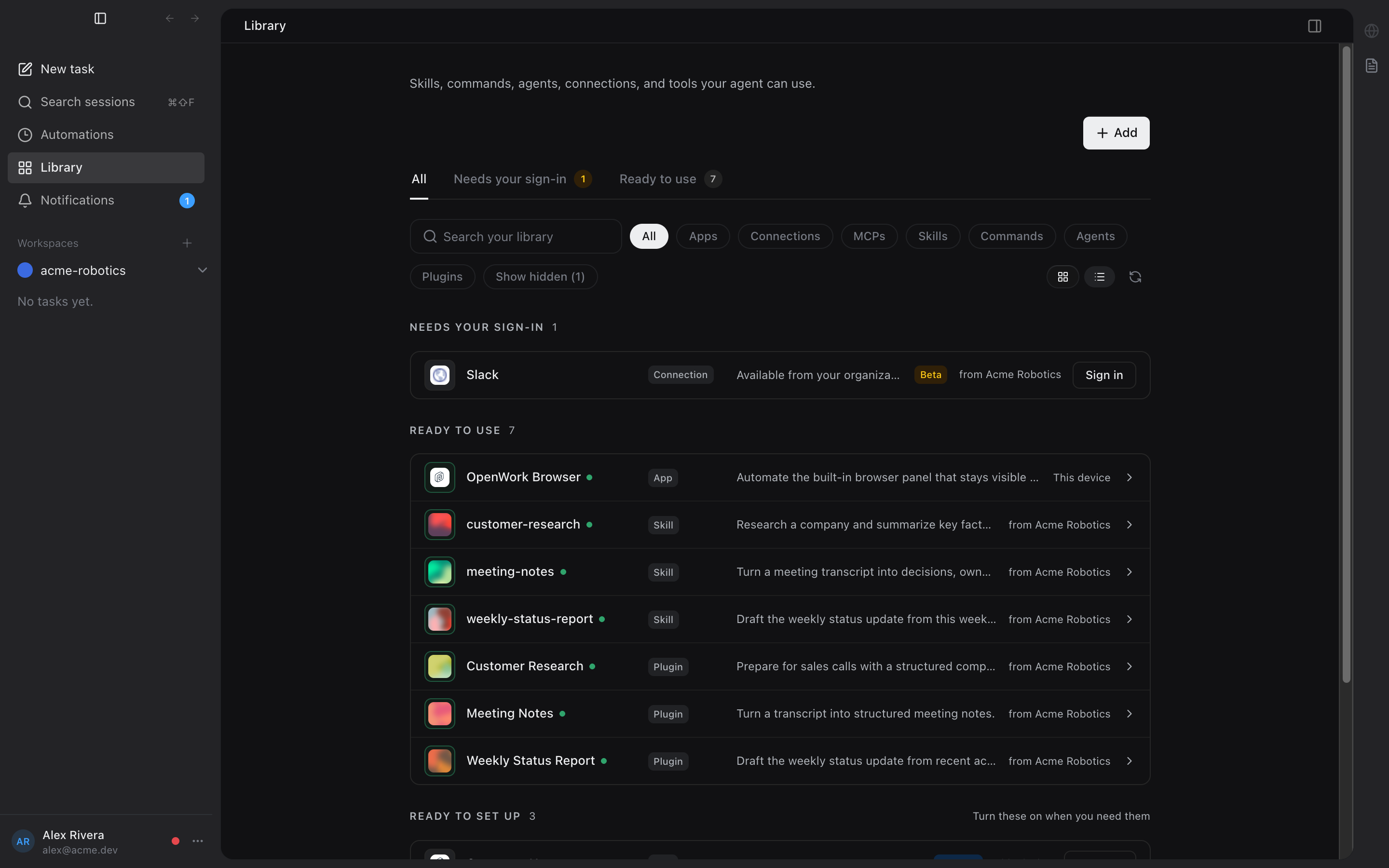 OpenWork Library page listing skills, apps, and connections