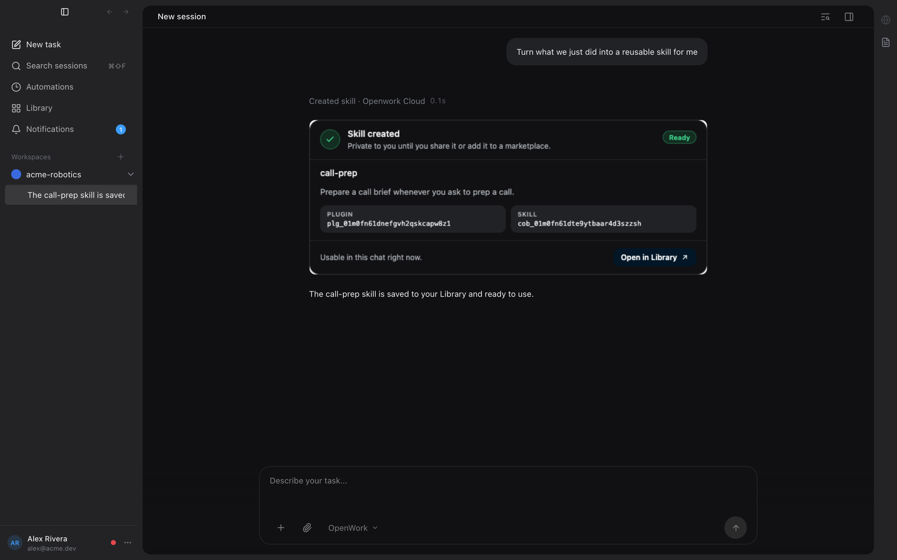 Chat with the skill-created confirmation card showing the new skill, its plugin, and an Open in Library link