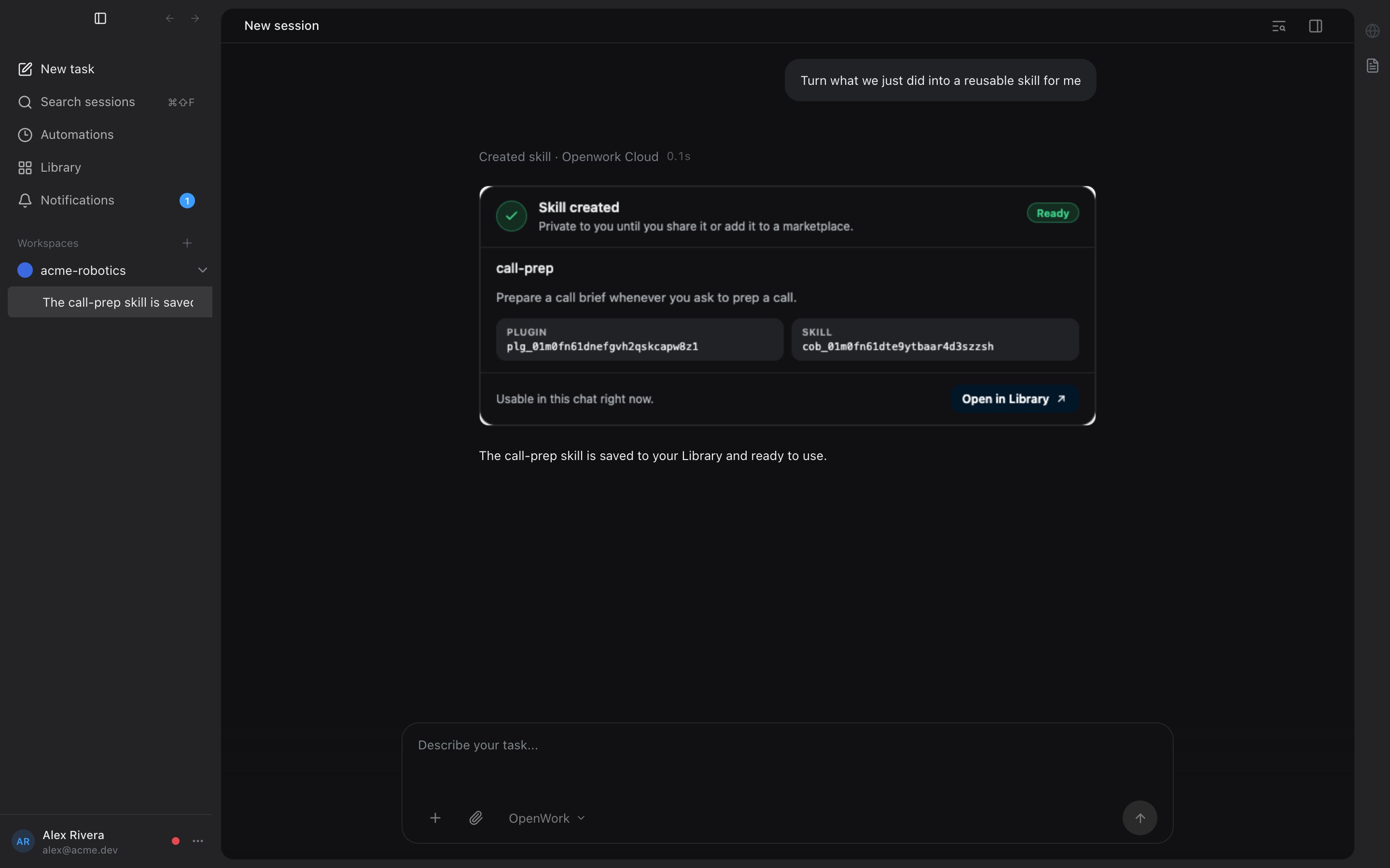 Chat with the skill-created confirmation card showing the new skill, its plugin, and an Open in Library link