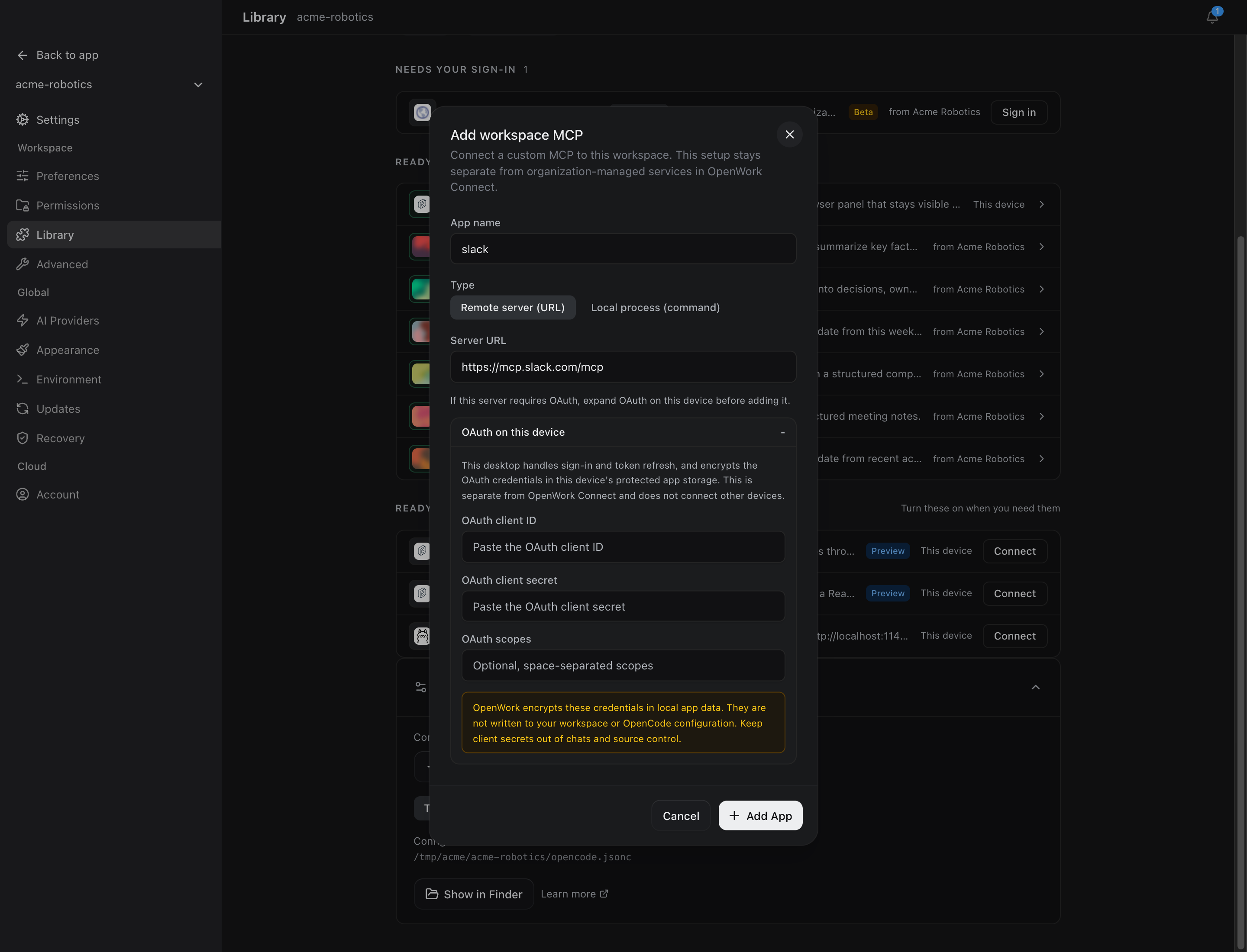 Add workspace MCP dialog filled in for Slack with OAuth on this device expanded