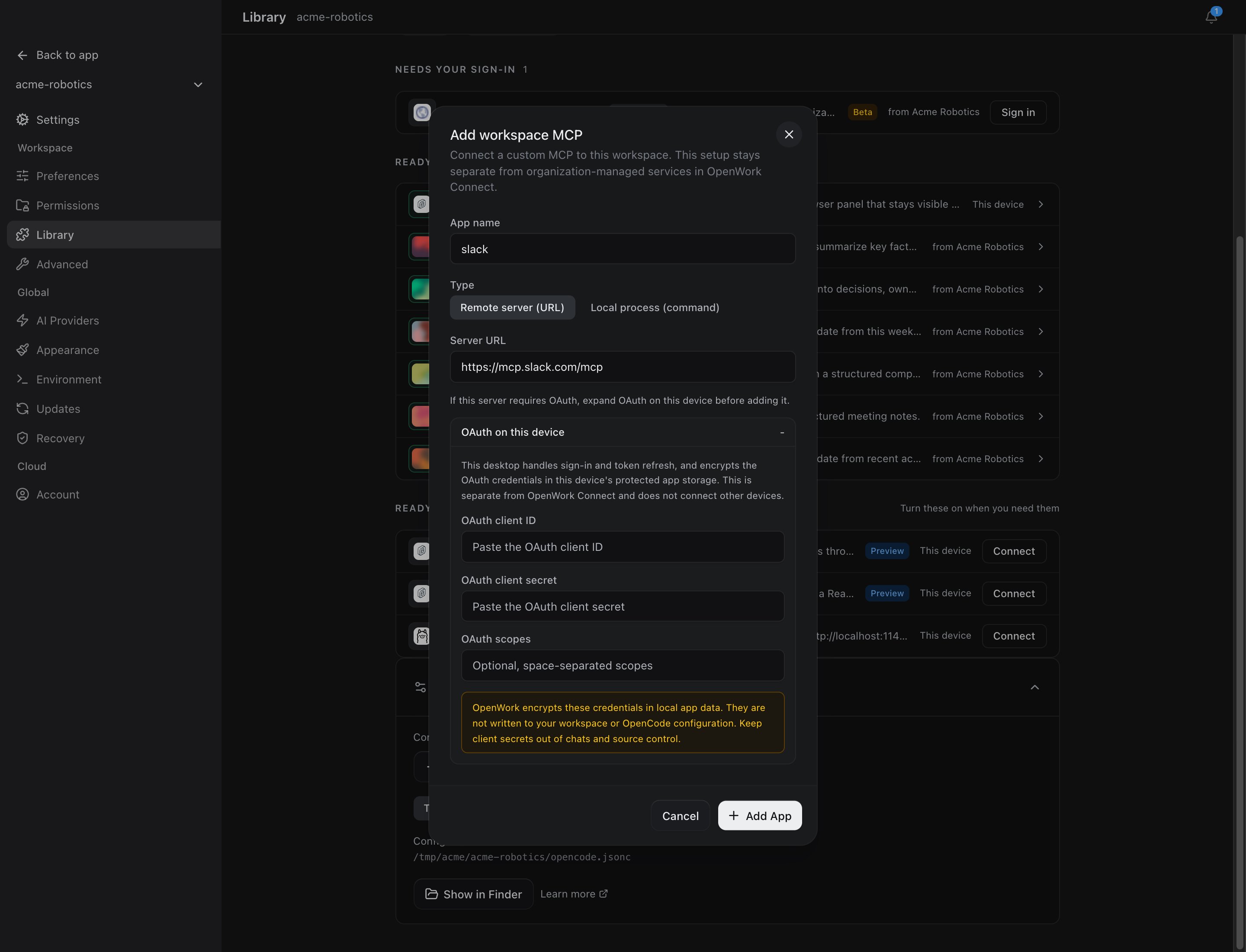Add workspace MCP dialog filled in for Slack with OAuth on this device expanded