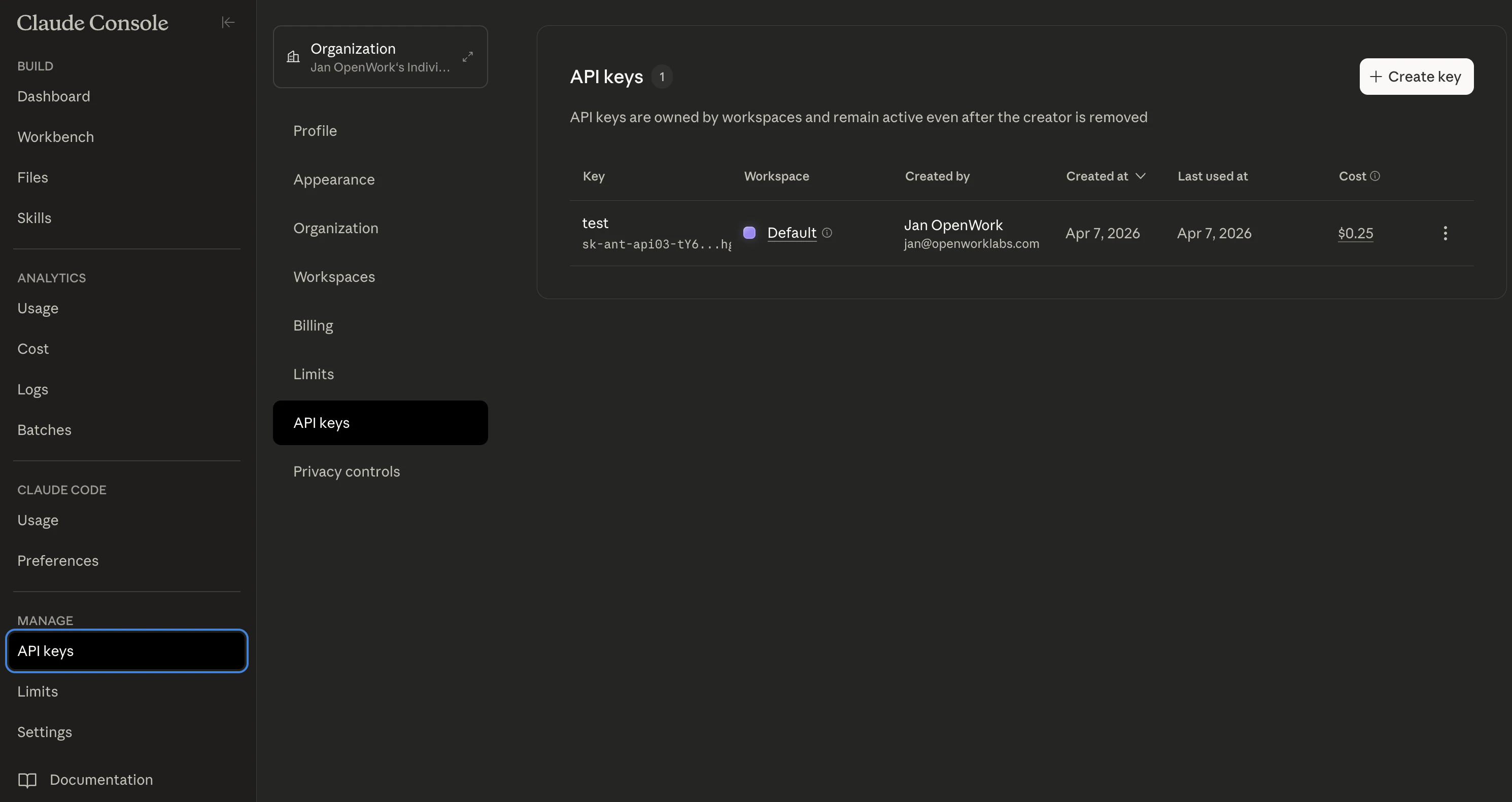 Anthropic API Keys page