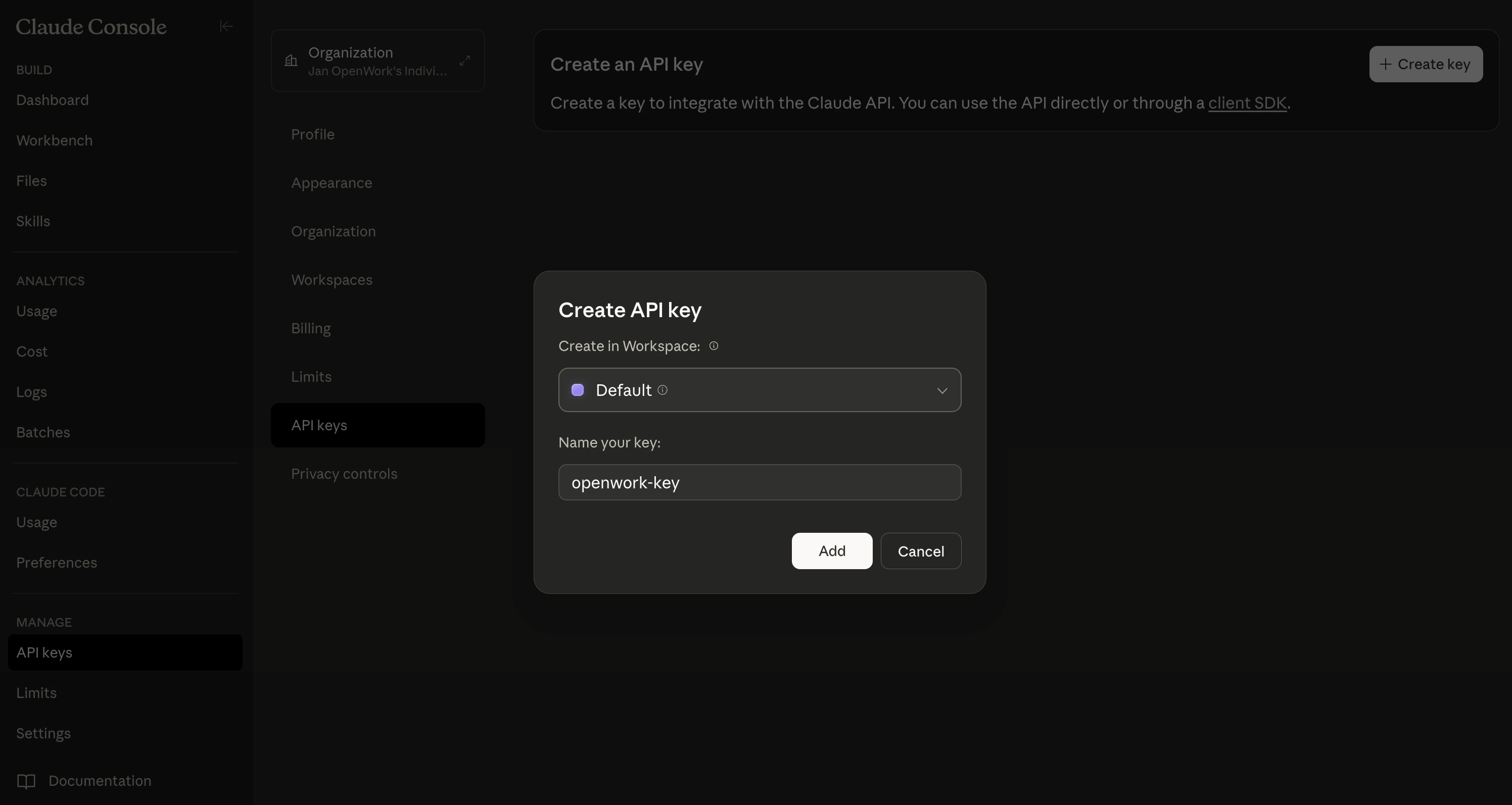 Anthropic Create Key dialog