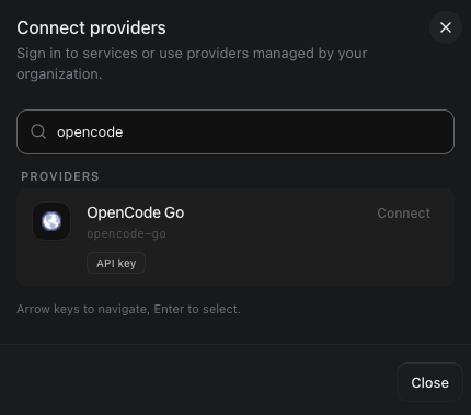 OpenCode Go provider in the Connect providers dialog