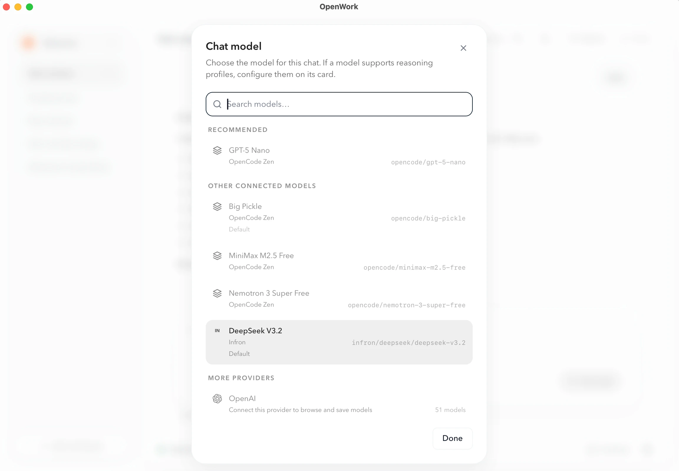 Infron · DeepSeek V3.2 selected in an OpenWork session