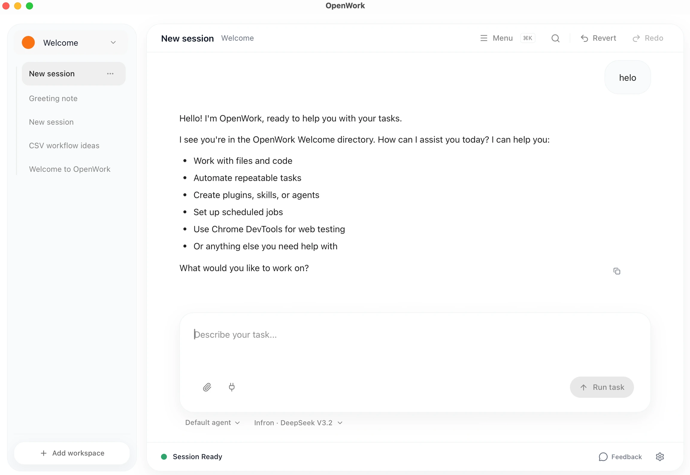 DeepSeek V3.2 via Infron in the OpenWork Chat model picker
