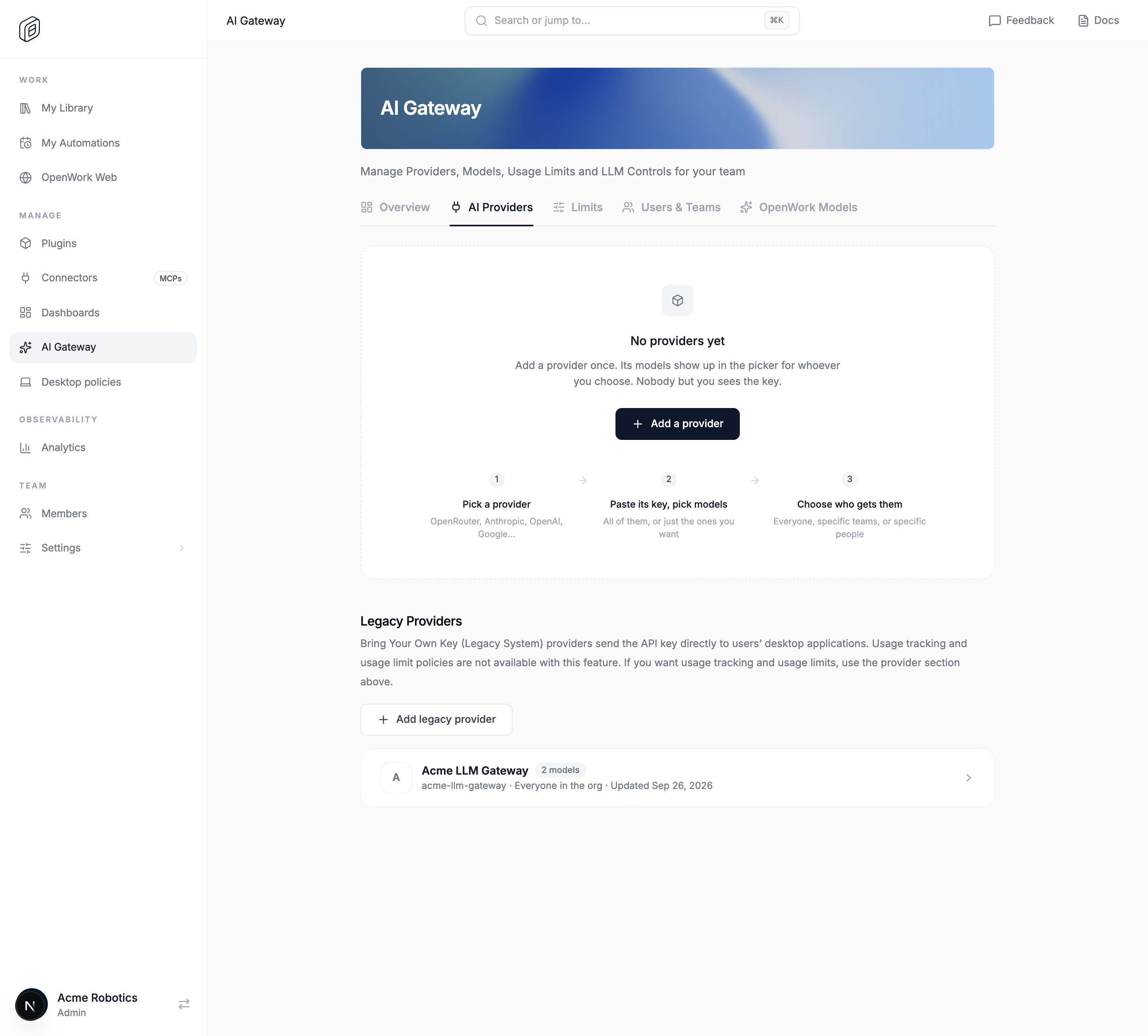 The AI Providers tab in OpenWork Cloud, with the Legacy Providers section below the AI Gateway providers