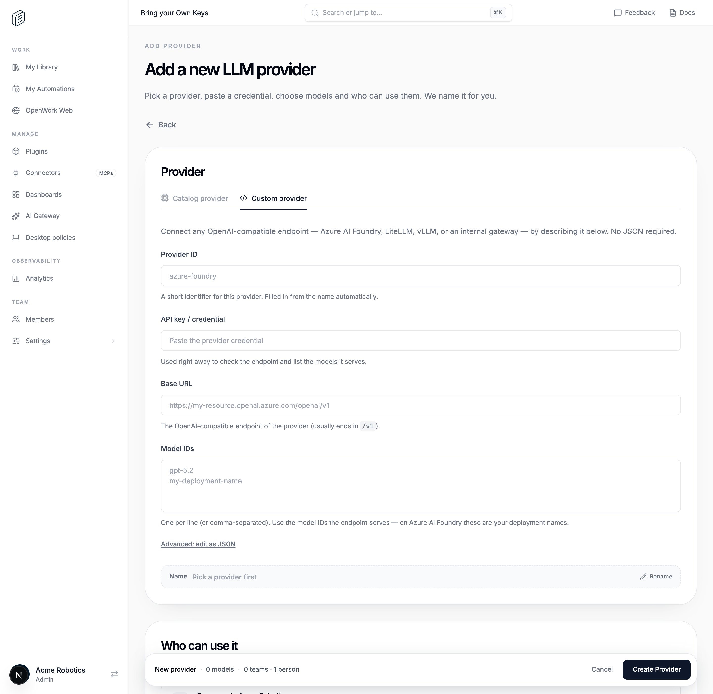 The Custom provider form: Provider ID, API key / credential, Base URL, and Model IDs