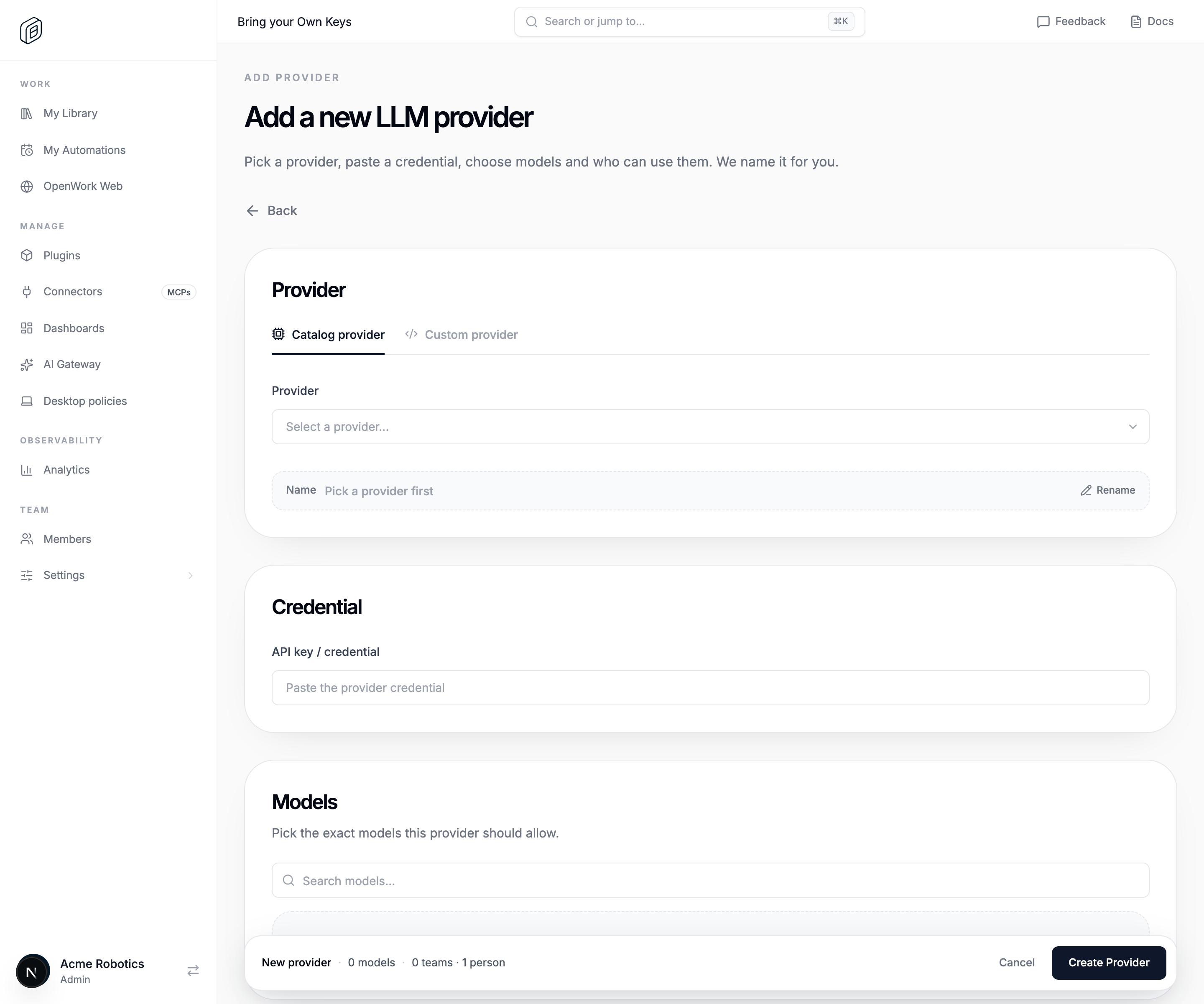 The Add a new LLM provider form: Catalog provider, API key / credential, and Models