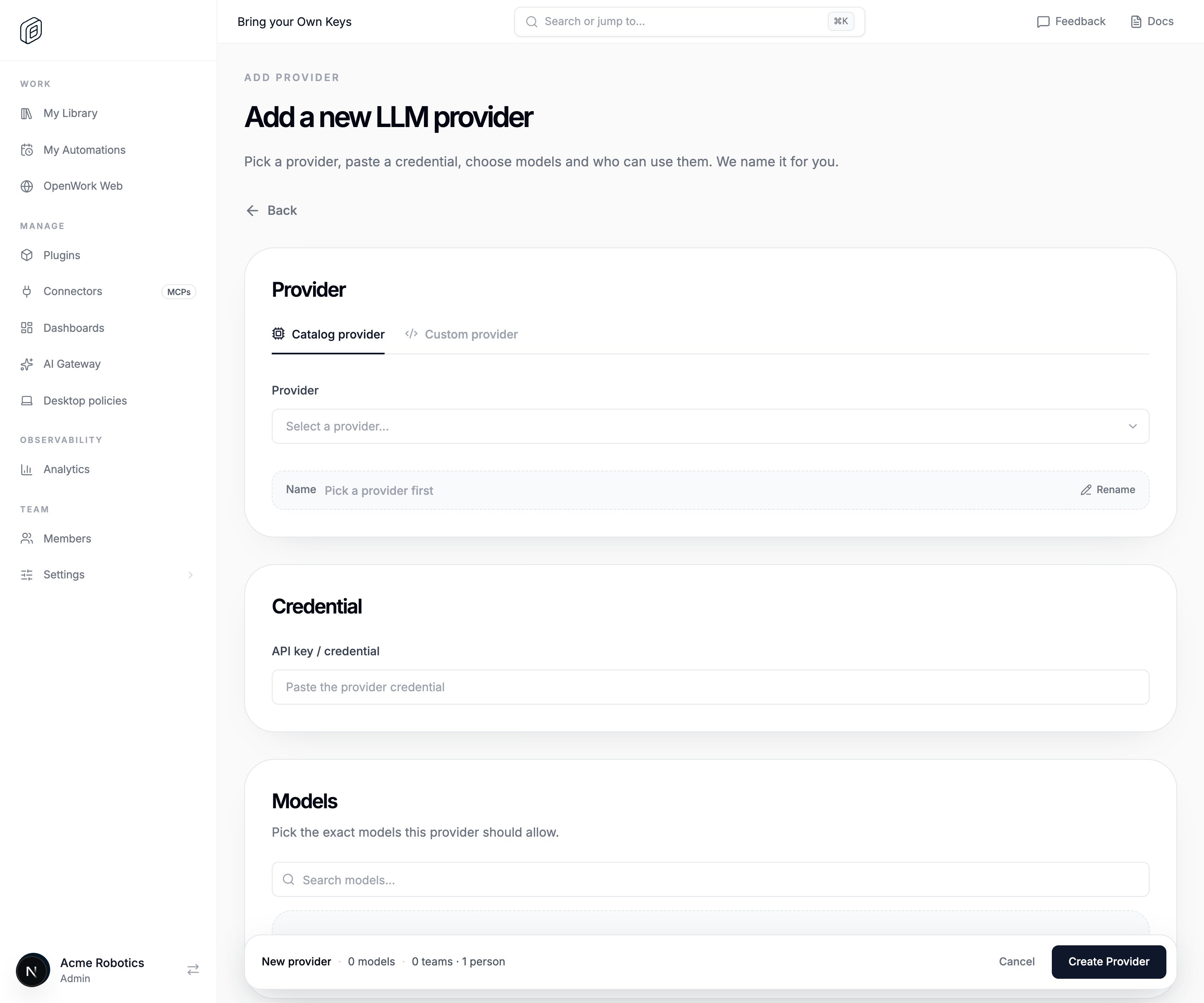 The Add a new LLM provider form: Catalog provider, API key / credential, and Models