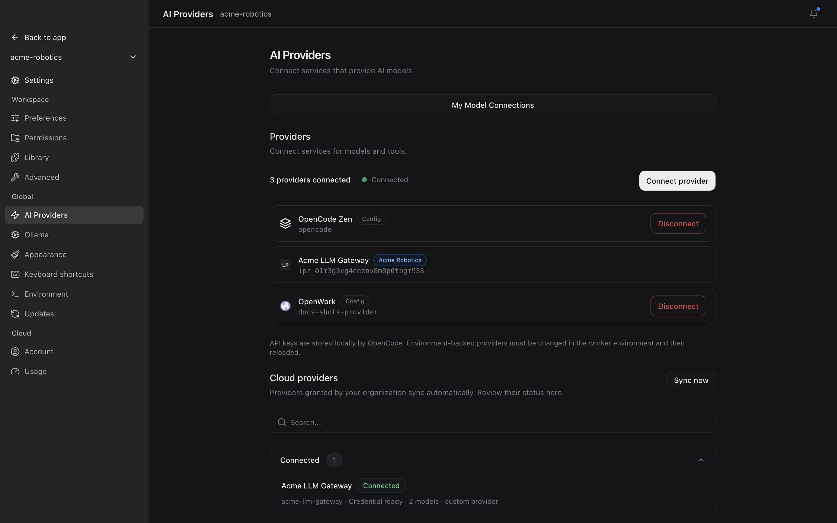 Settings > AI Providers in the desktop app, with Acme LLM Gateway connected under Cloud providers
