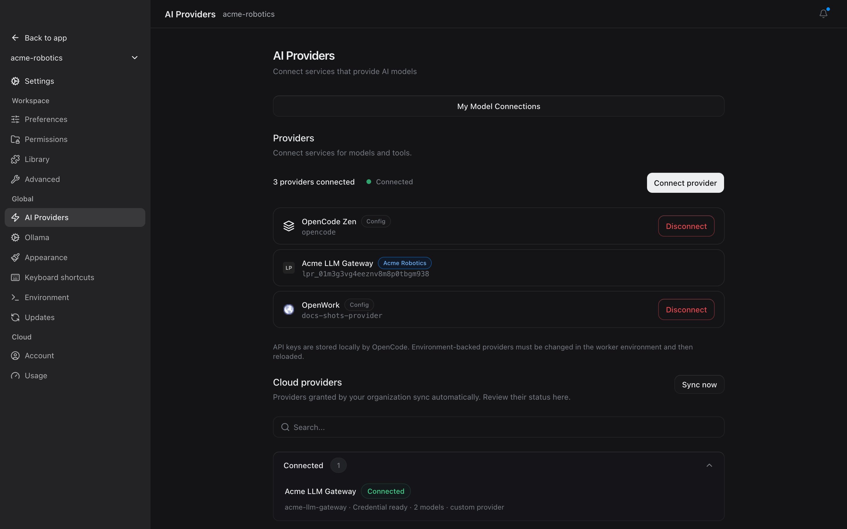 Settings > AI Providers in the desktop app, with Acme LLM Gateway connected under Cloud providers