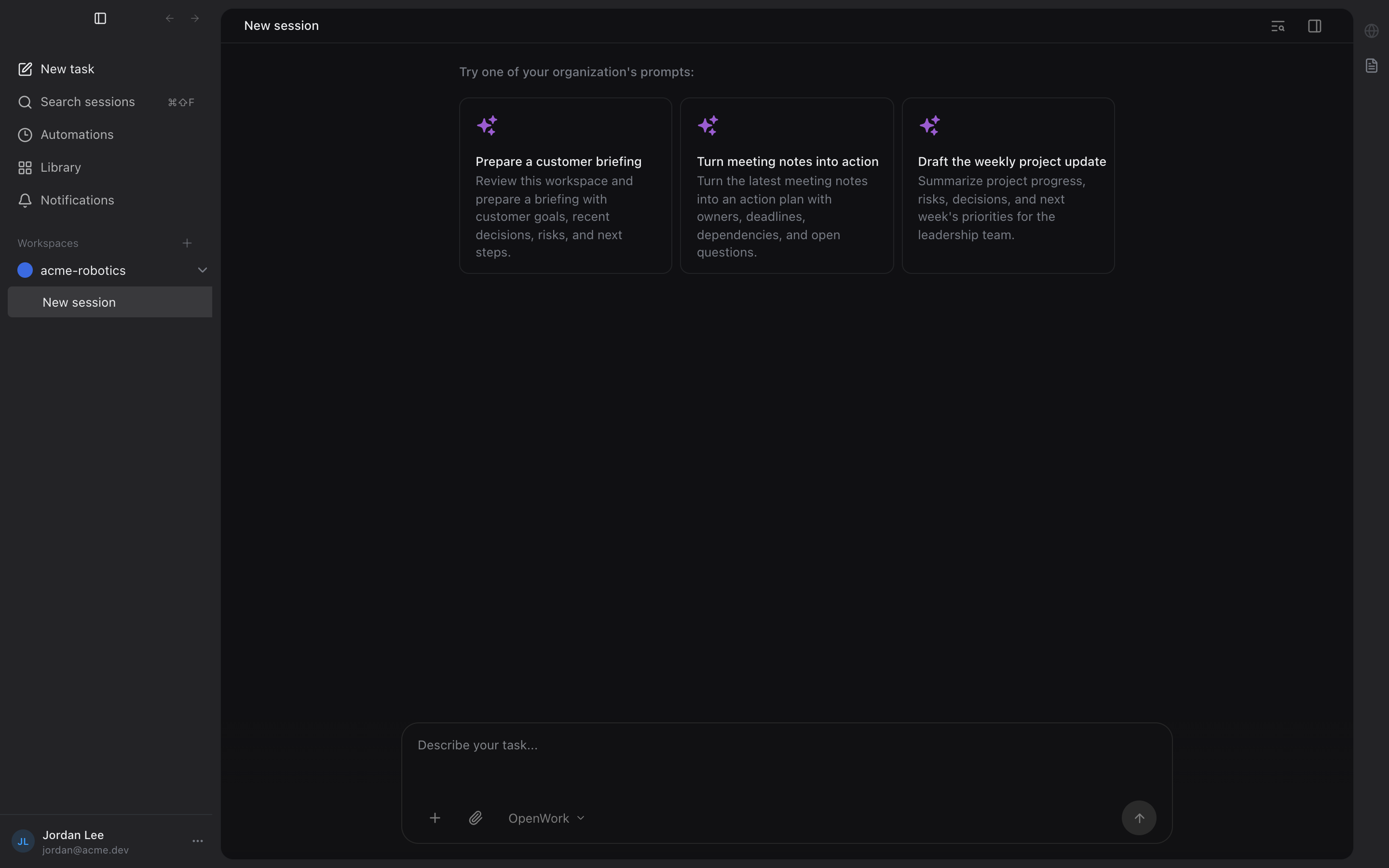 OpenWork desktop composer showing organization prompt cards assigned through a Cloud desktop policy