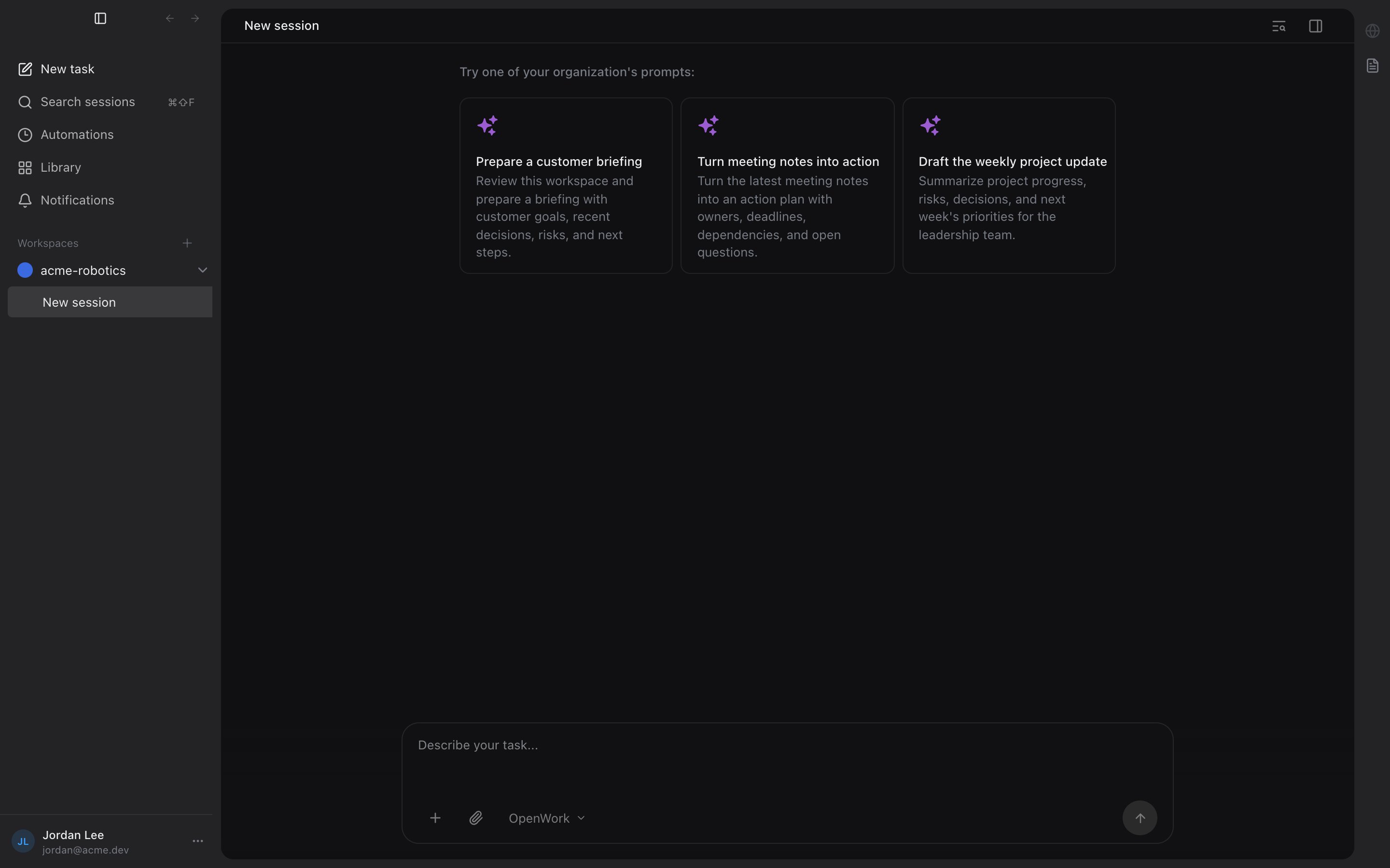 OpenWork desktop composer showing organization prompt cards assigned through a Cloud desktop policy