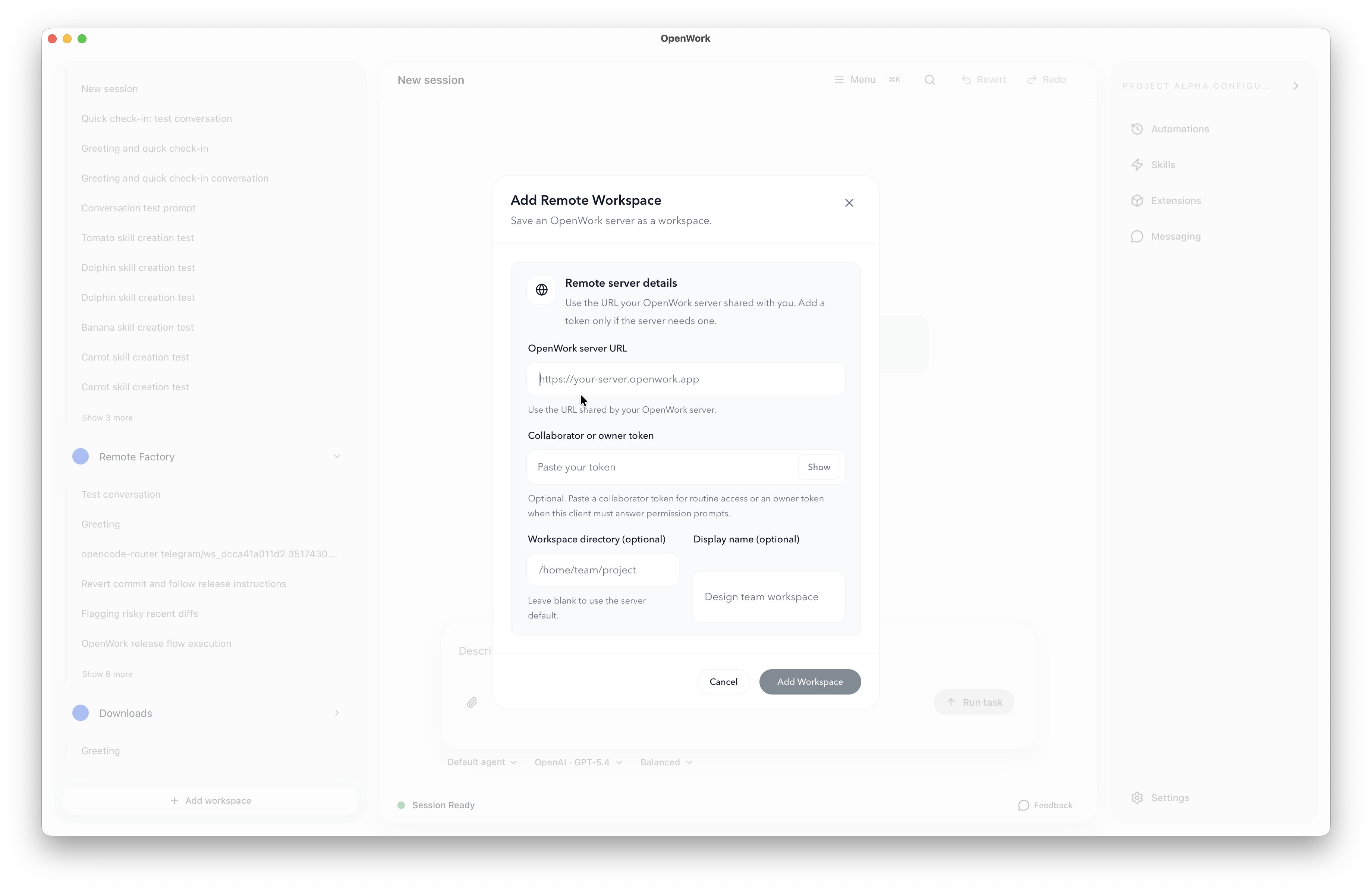 Add Remote Workspace dialog in OpenWork desktop app