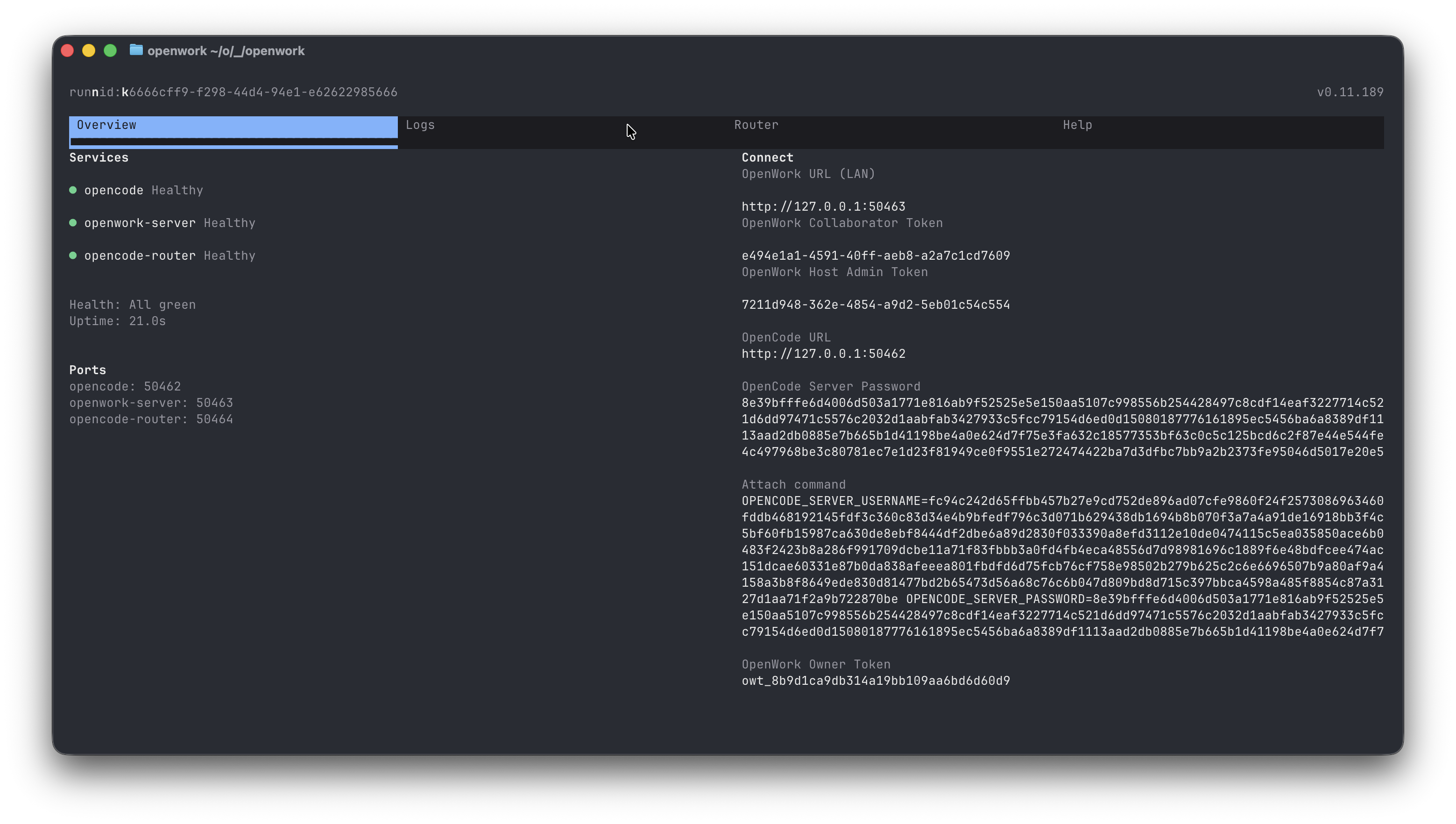 OpenWork CLI terminal output showing URL and owner token