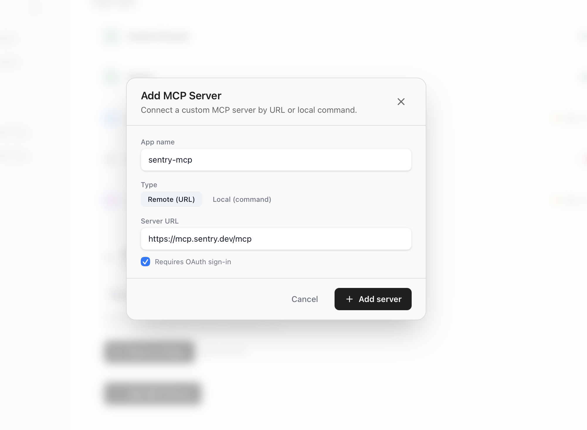 Add MCP Server dialog with name, URL, and OAuth toggle