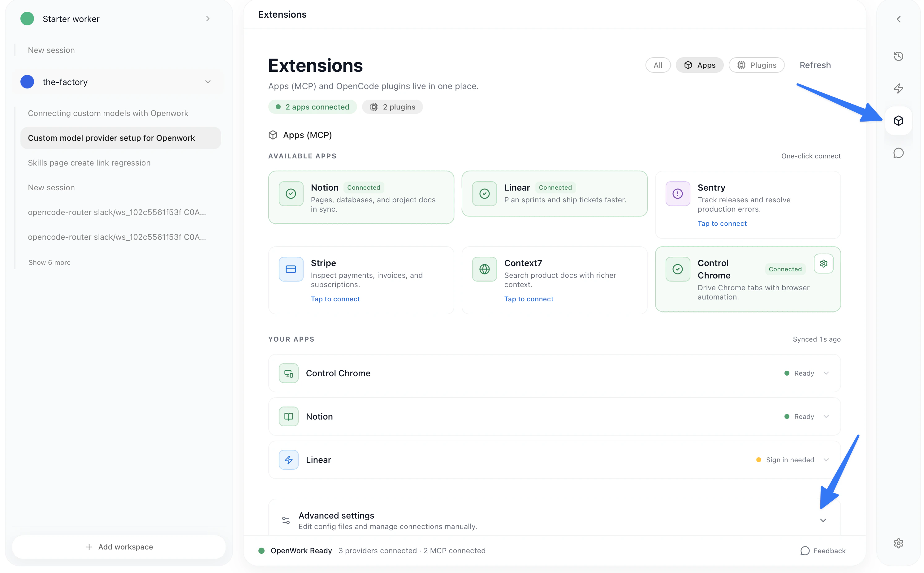 Extensions page with Advanced Settings link