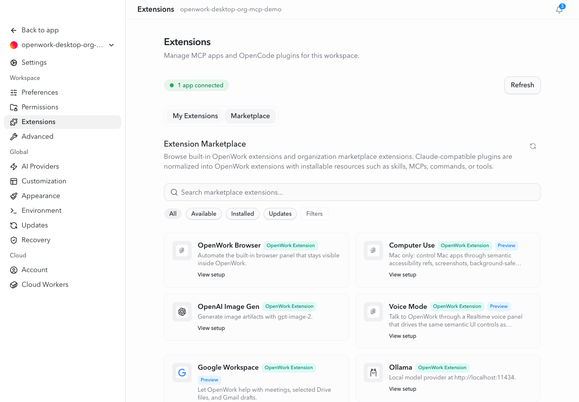 An org-shared connection in the Marketplace tab, ready to connect