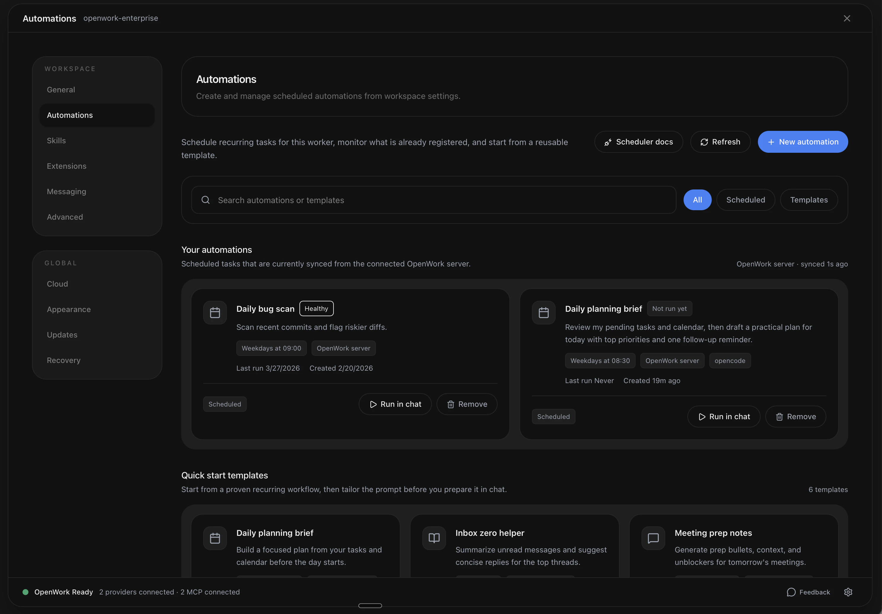 Automations page in OpenWork settings