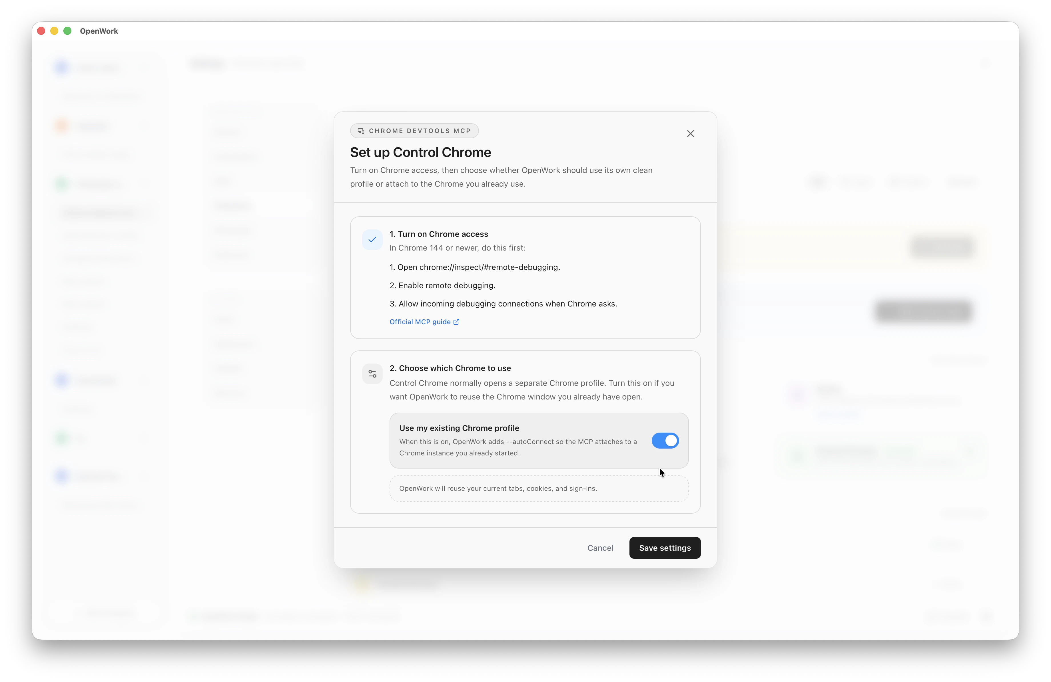 Set up Control Chrome dialog