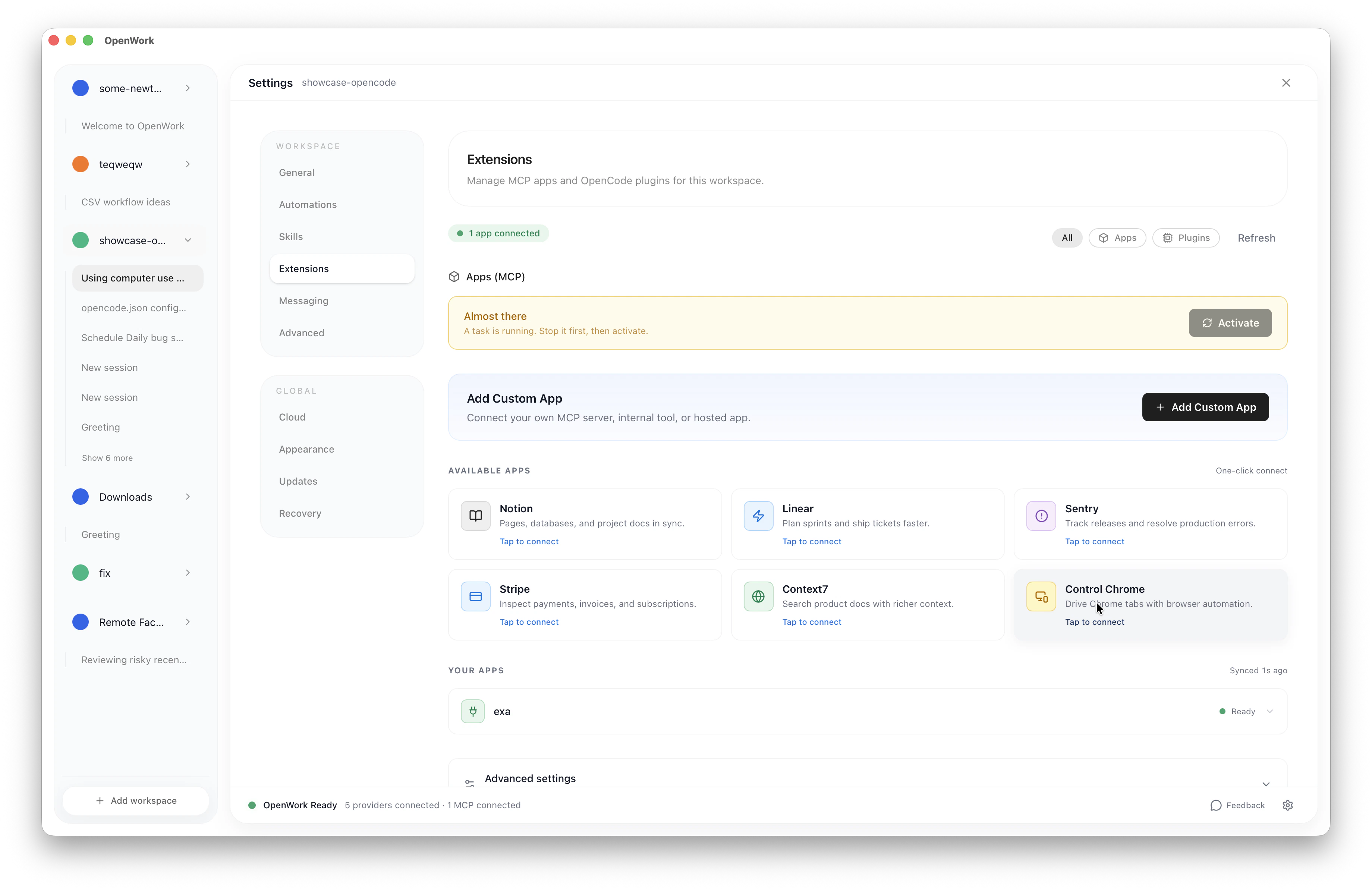Extensions page with Control Chrome MCP app