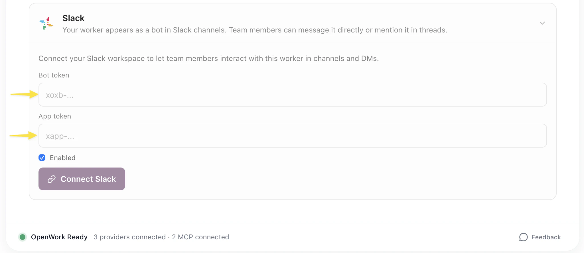Slack messaging settings with bot and app token fields