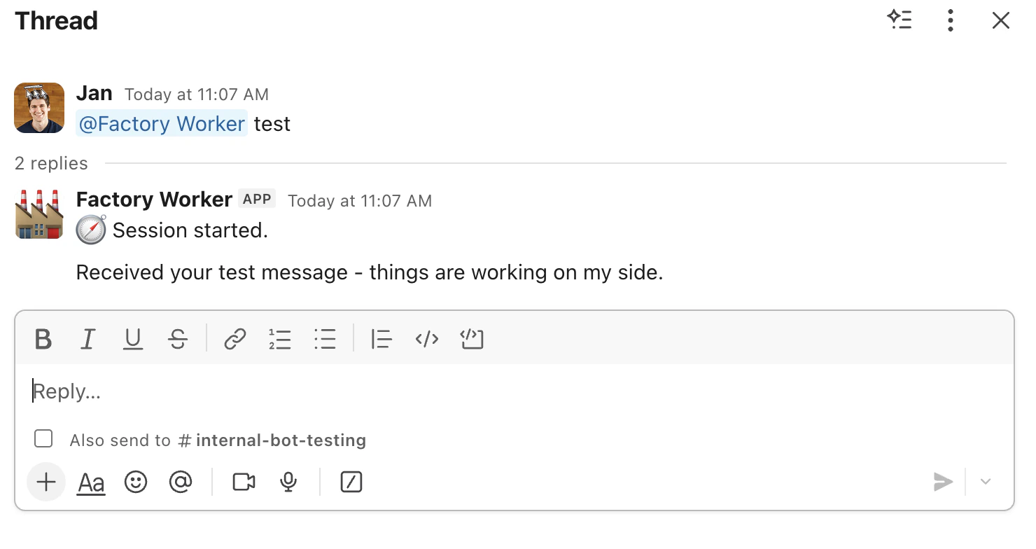 Slack thread showing the bot reply to a test message