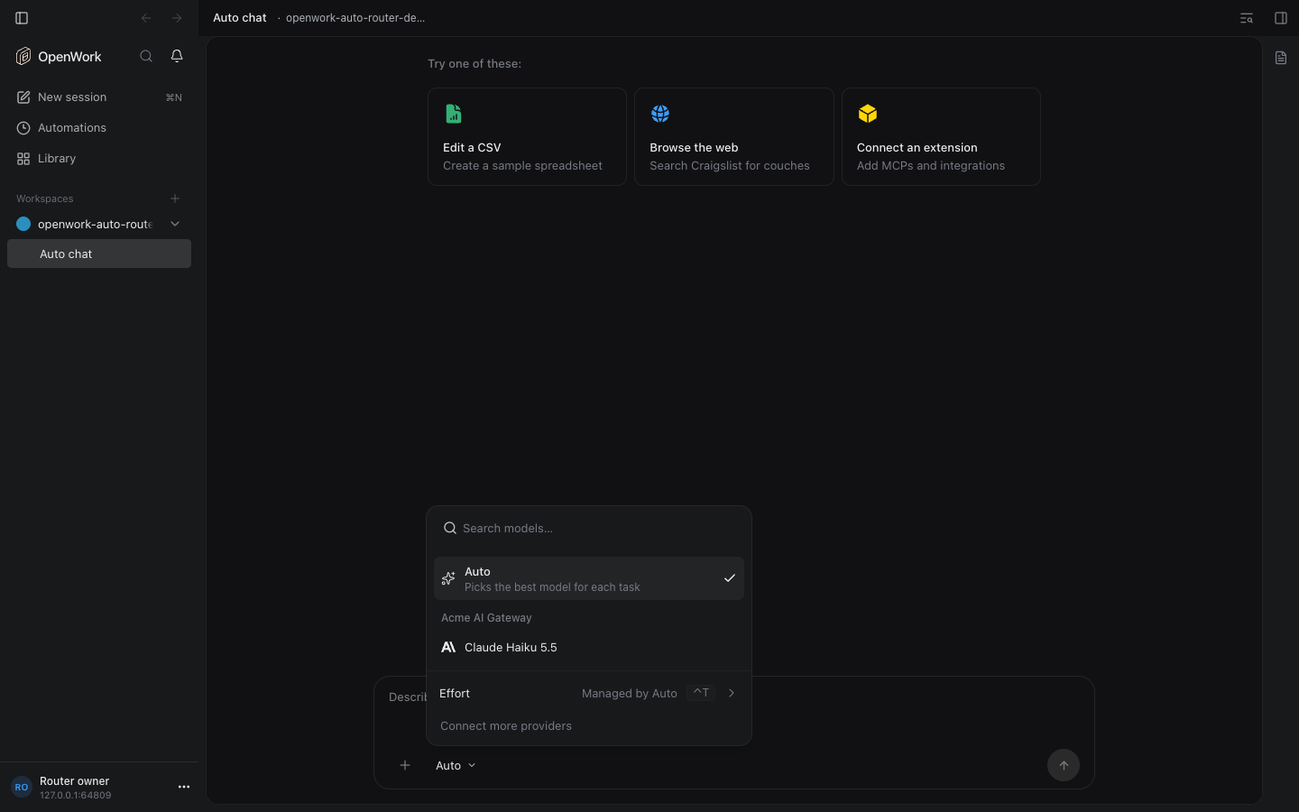 The desktop model picker with Auto, Picks the best model for each task, selected at the top