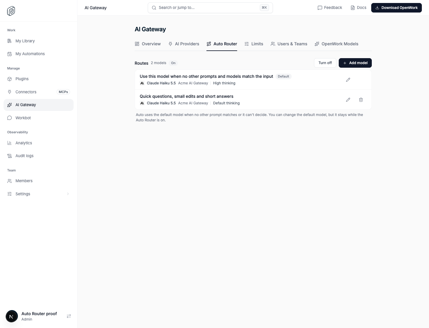The Auto Router tab listing the default model and a second route for quick questions, each with its model and thinking level