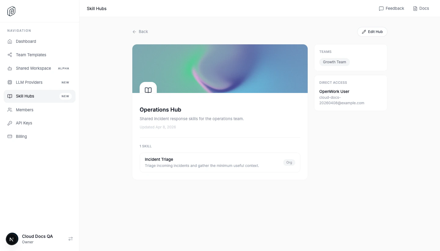 Skill hub access and included skills in OpenWork Cloud