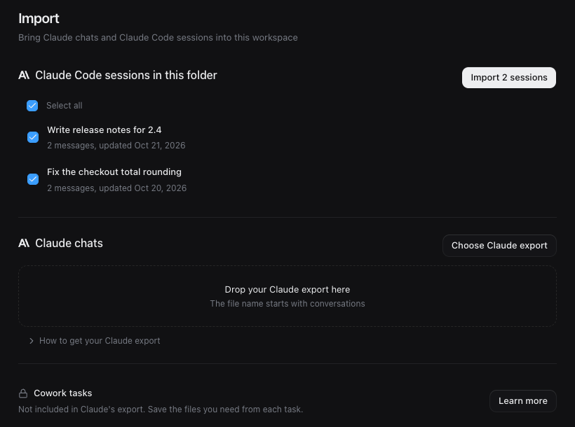 The Import page in OpenWork settings, listing two Claude Code sessions ready to import, a drop area for a Claude export, and Cowork tasks marked as not available.