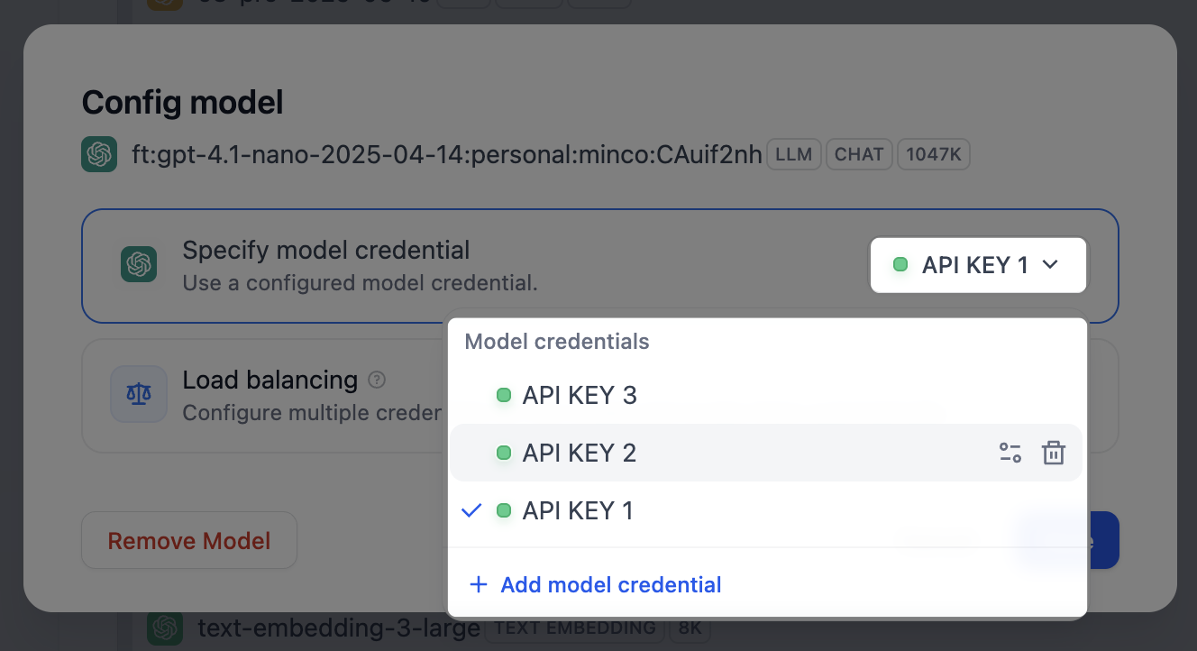 Manage credentials for a single custom model
