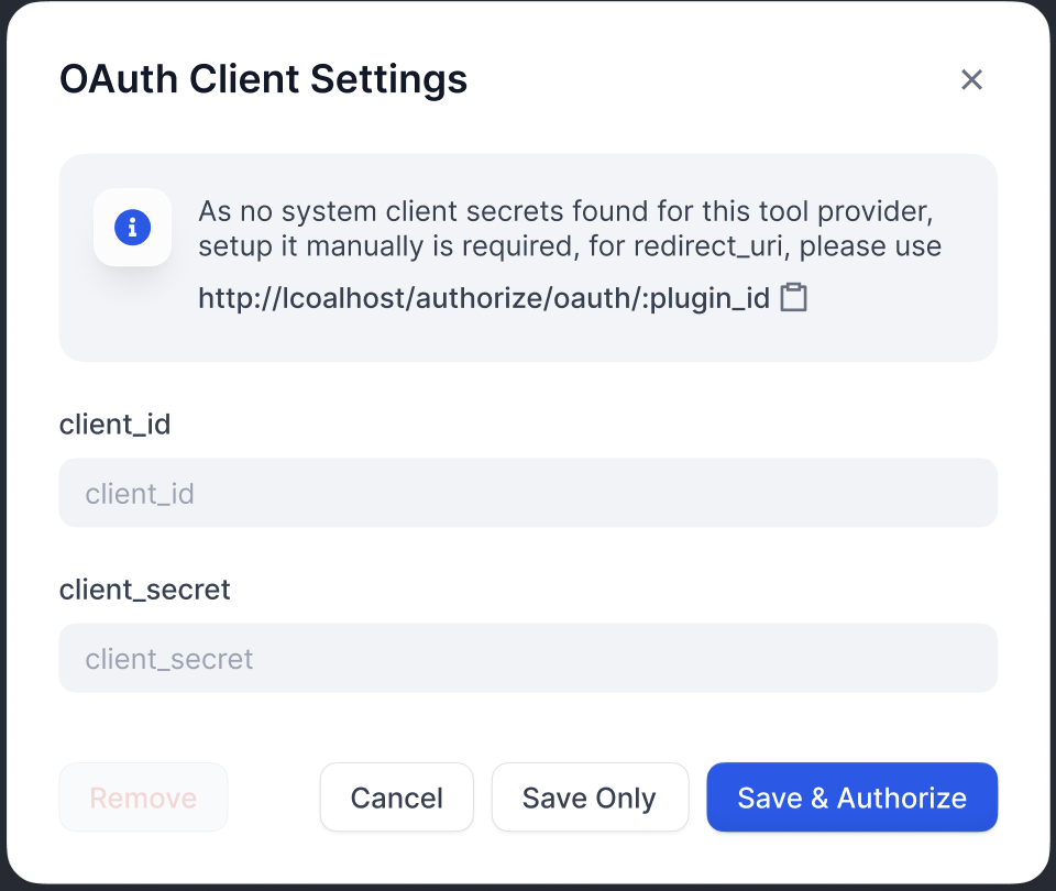 OAuth クライアント設定ダイアログ