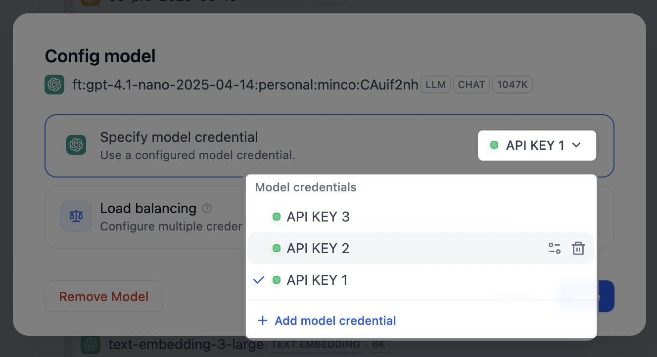 Manage credentials for a single custom model