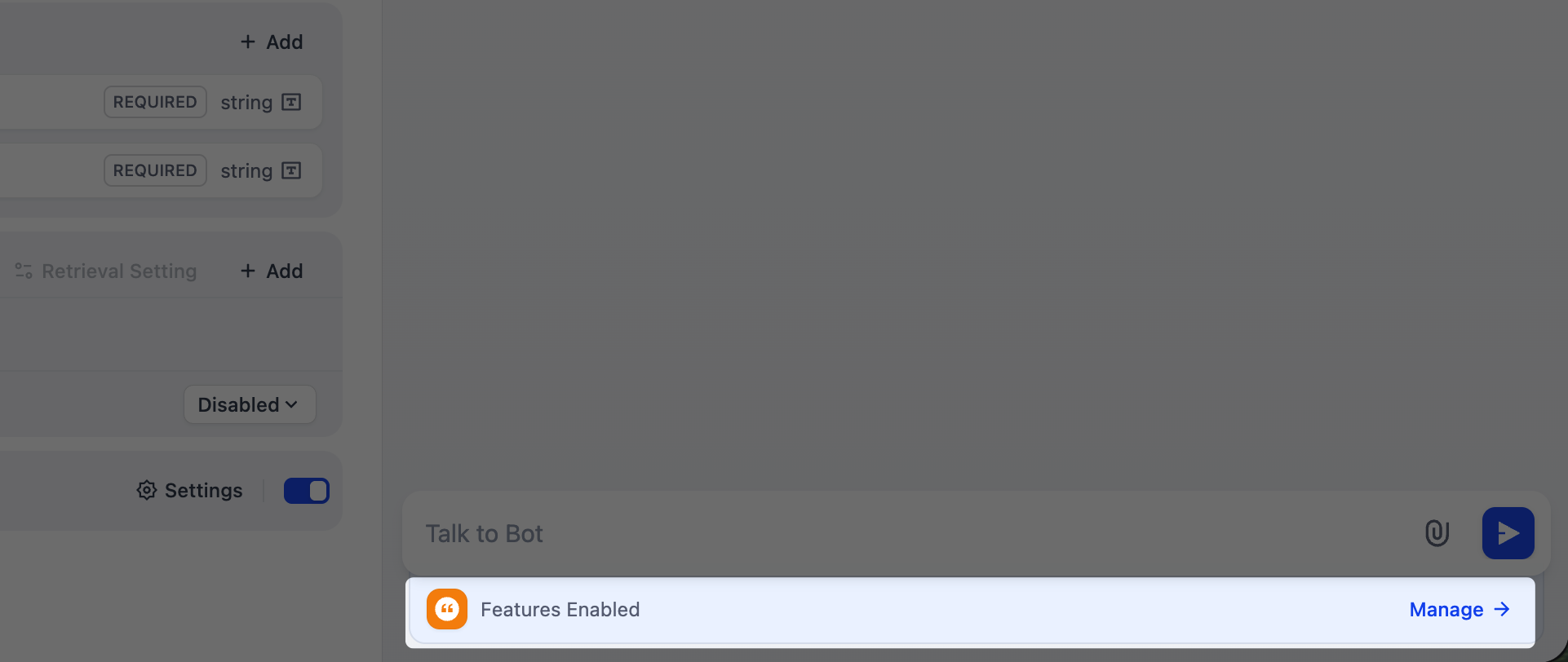 Features Panel in Chatbots, Agents, and Text Generators