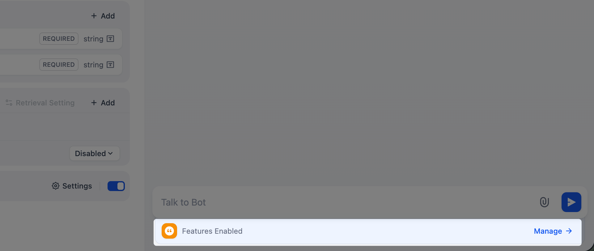 Features Panel in Chatbots, Agents, and Text Generators
