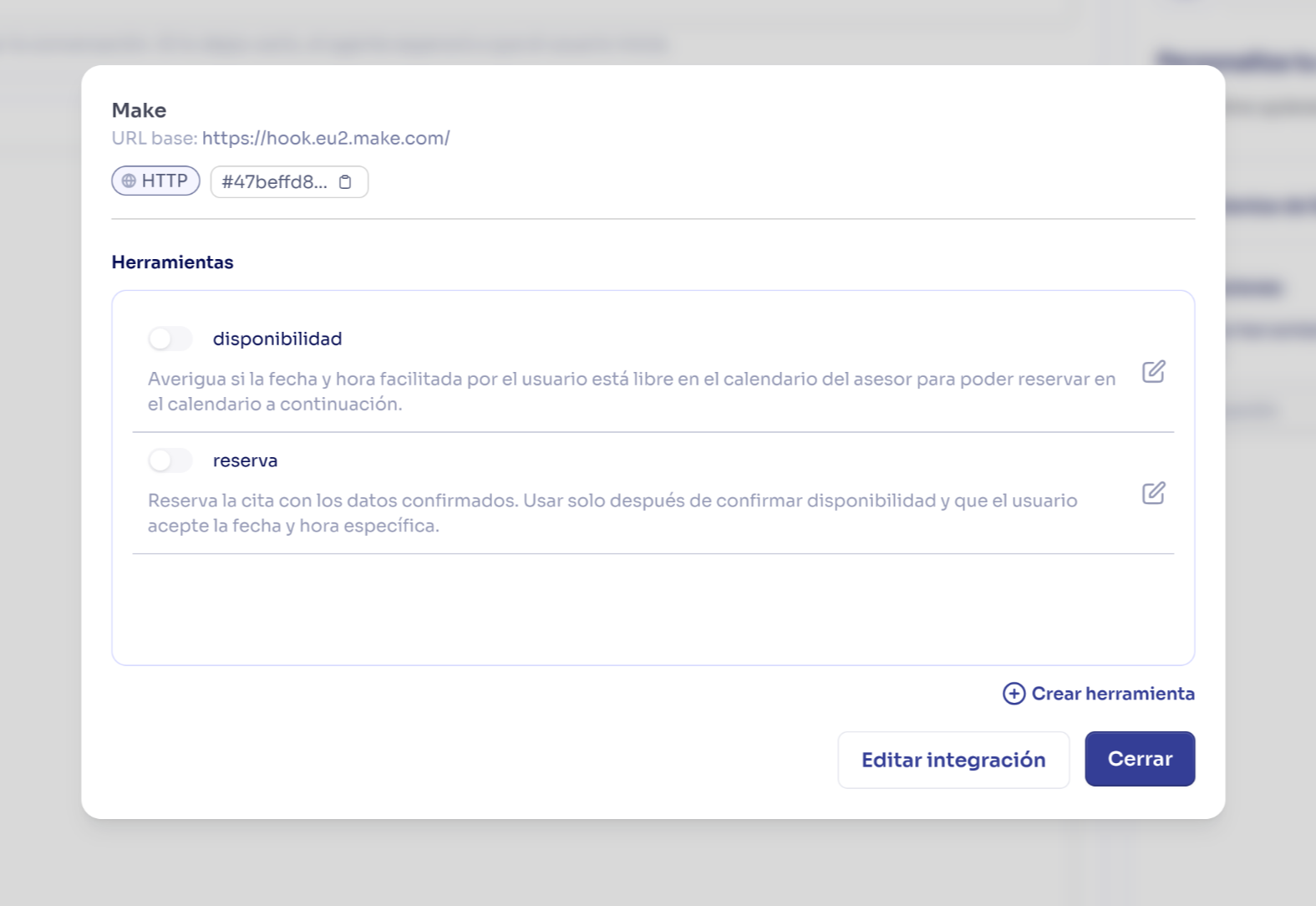 Pantalla de asignación de integración a un agente mostrando la selección de herramientas