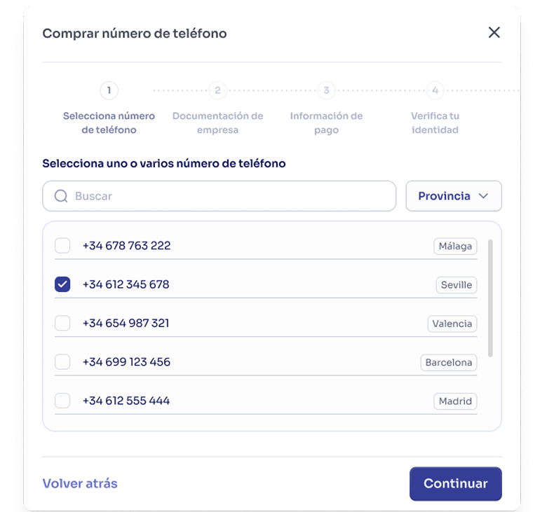 Captura de pantalla de la interfaz de compra de números de teléfono en Diga